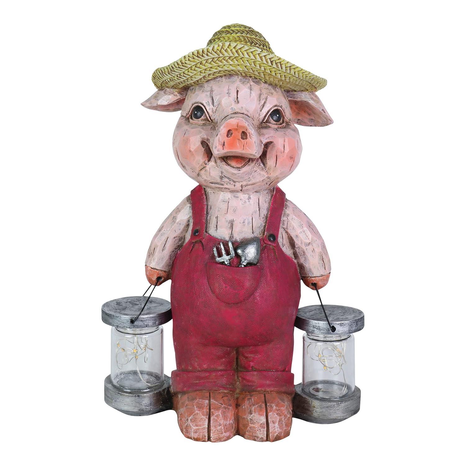 Exhart Garden Sculpture, Farmhouse Pig Solar Garden Statue with Glass Jars, LED Firefly Lights, Outdoor Garden Decoration, 12.5 Inch