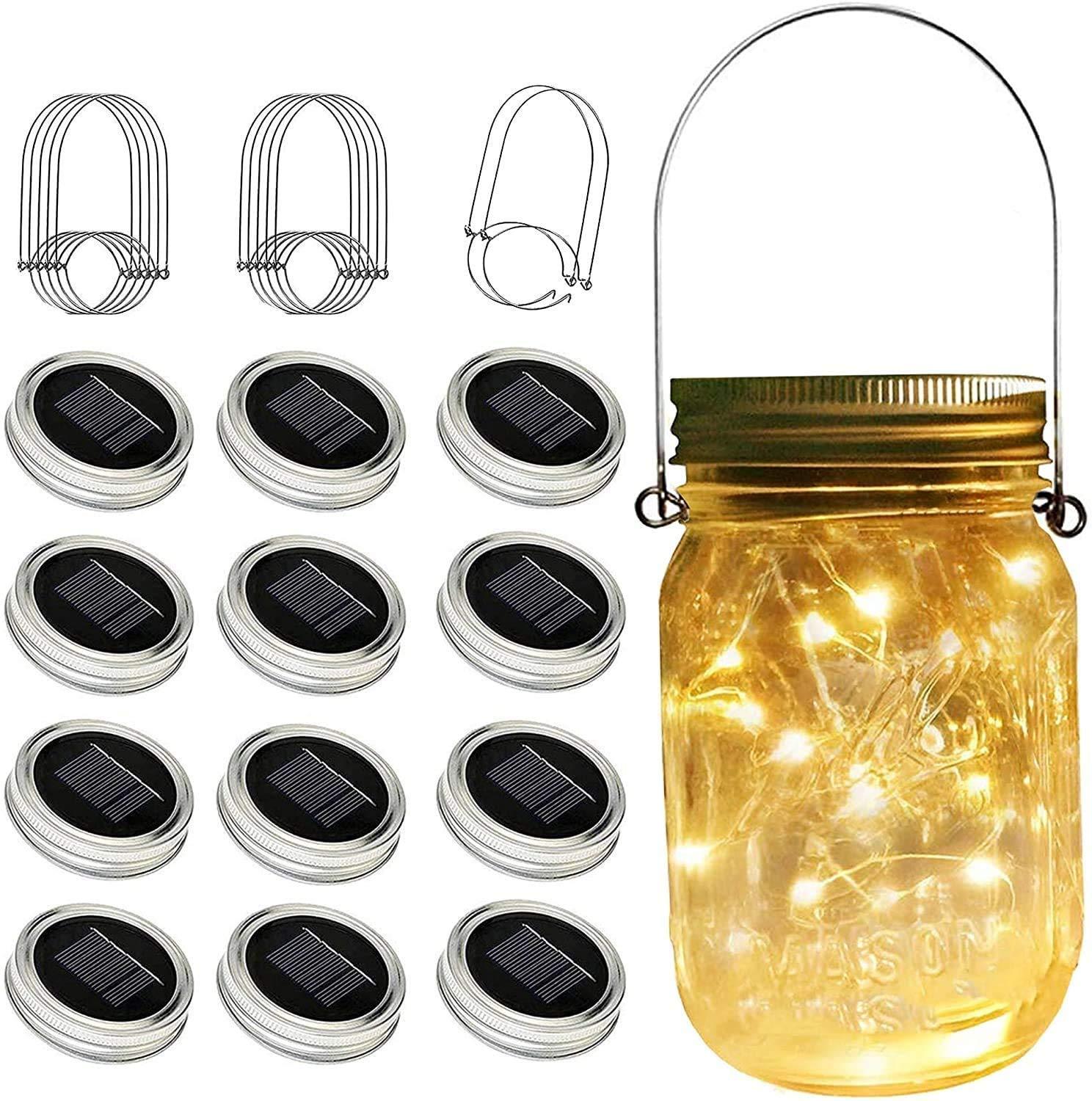 ZNYCYE Mason Jar Solar Lights for Outside, 12 Pack 30 LED Fairy Firefly Lights Mason Jar Solar Lids Outdoor Waterproof String Lights with Hangers(NO JARS) for Patio Garden Yard Lawn Decor - Warm White