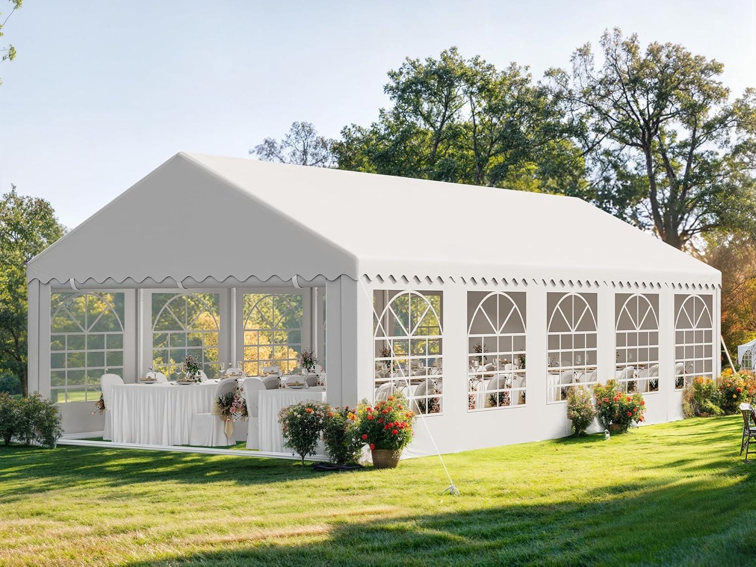 Dextrus 16x32FT Party Tent Heavy Duty PVC Wedding Event Shelters White Upgraded Galvanized Ripple Canopy with Large Roof Removable Sidewalls & 3 Storage Bags 600D Oxford Commercial