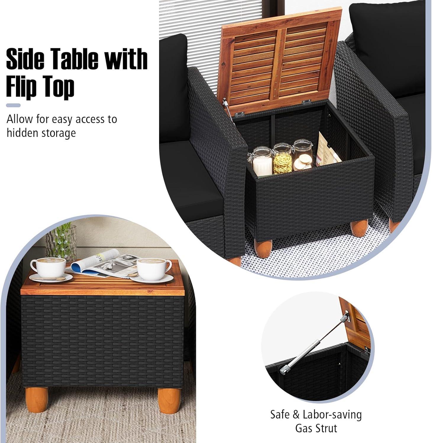 Costway 3PCS Outdoor Patio Rattan Furniture Set Wooden Table Top Cushioned Sofa Black