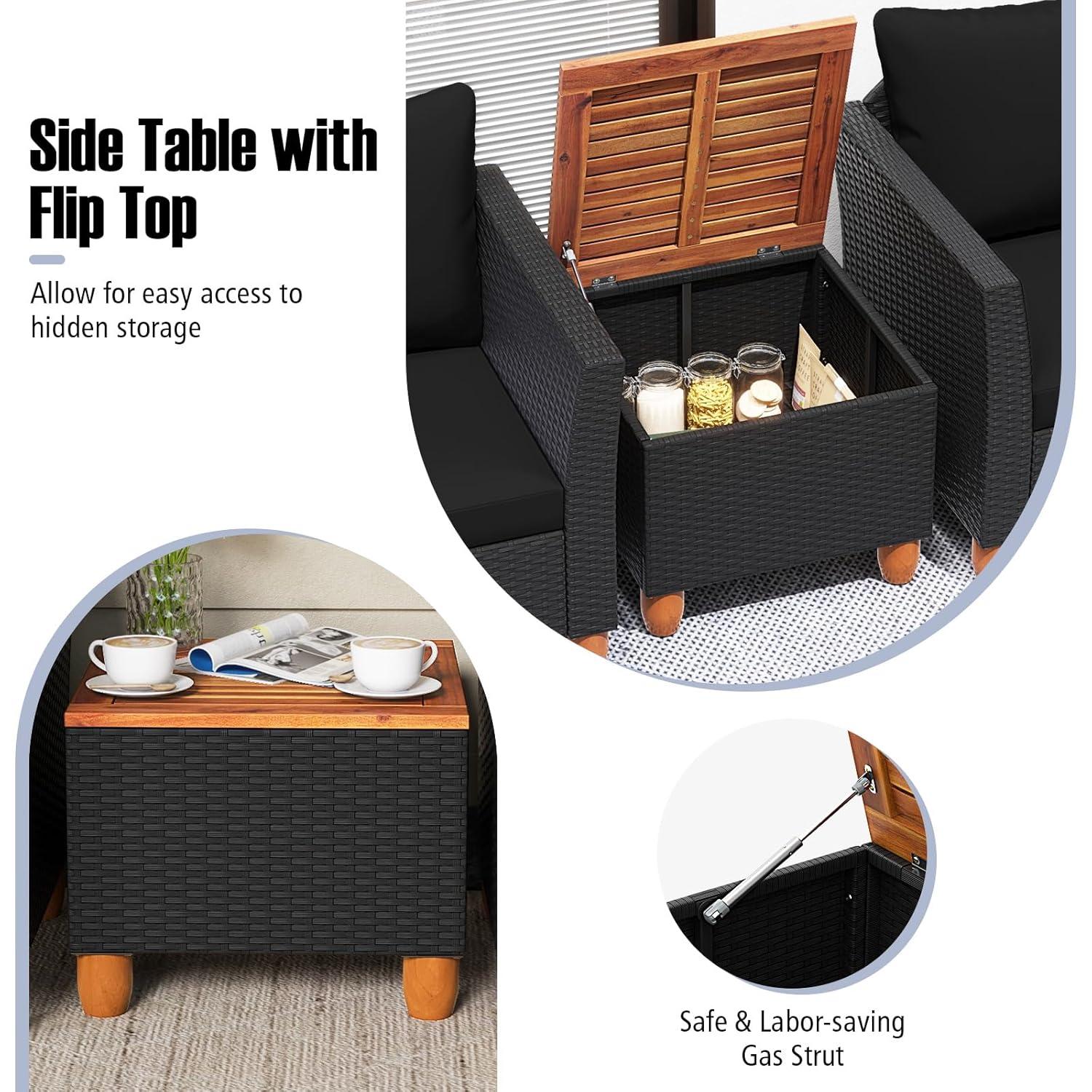 Costway 3PCS Outdoor Patio Rattan Furniture Set Wooden Table Top Cushioned Sofa Black