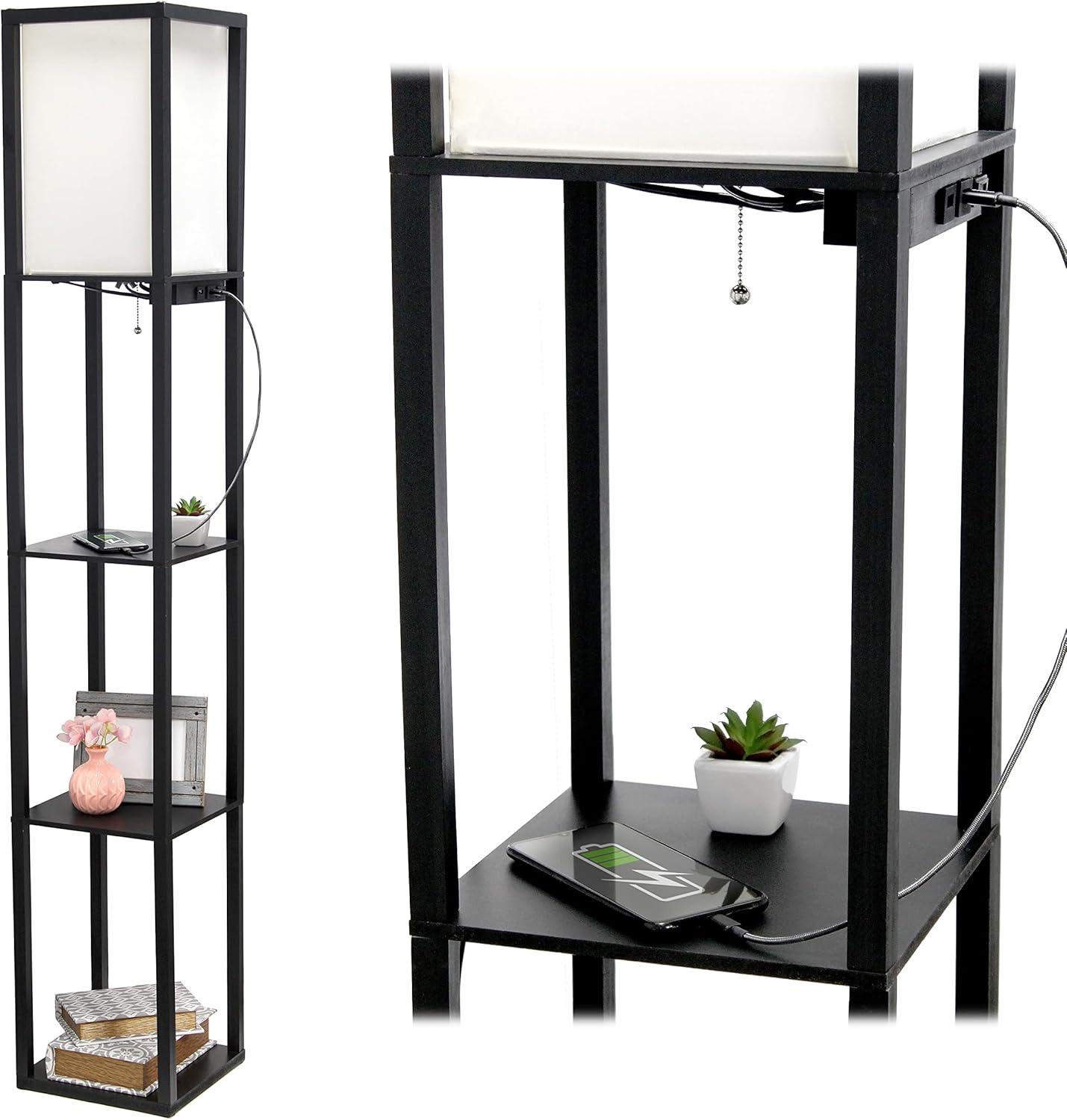 Simple Designs 62.5" 3-Shelf Etagere Organizer Storage Floor Lamp with USB Ports, Charging Outlet, Black