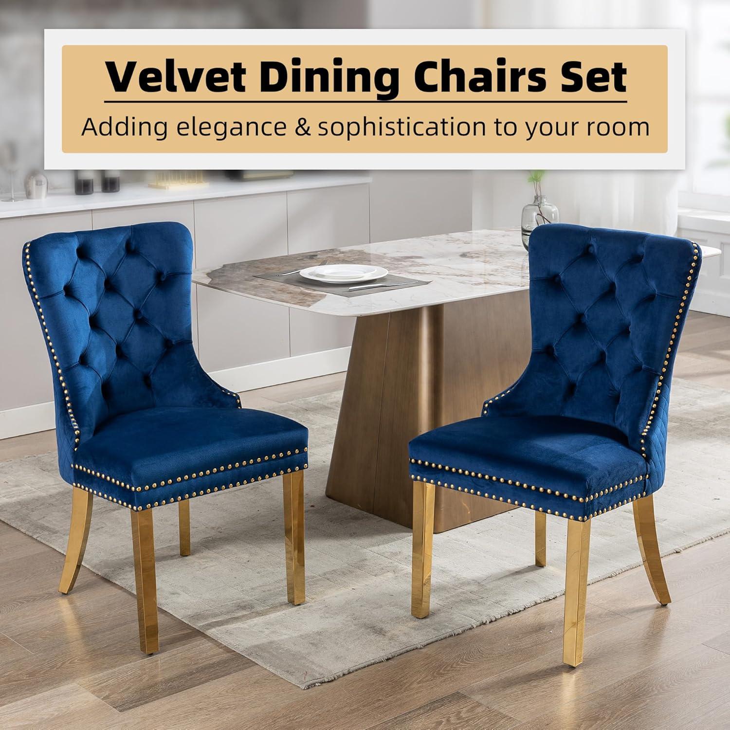 Velvet Upholstered Dining Chairs, Set of 2, Dining Room Tufted Chair, Modern Button Tufted Armless Chairs with Nailhead Trim and Back Ring Pull, Gold Legs, for Dining Room, Kitchen, Navy