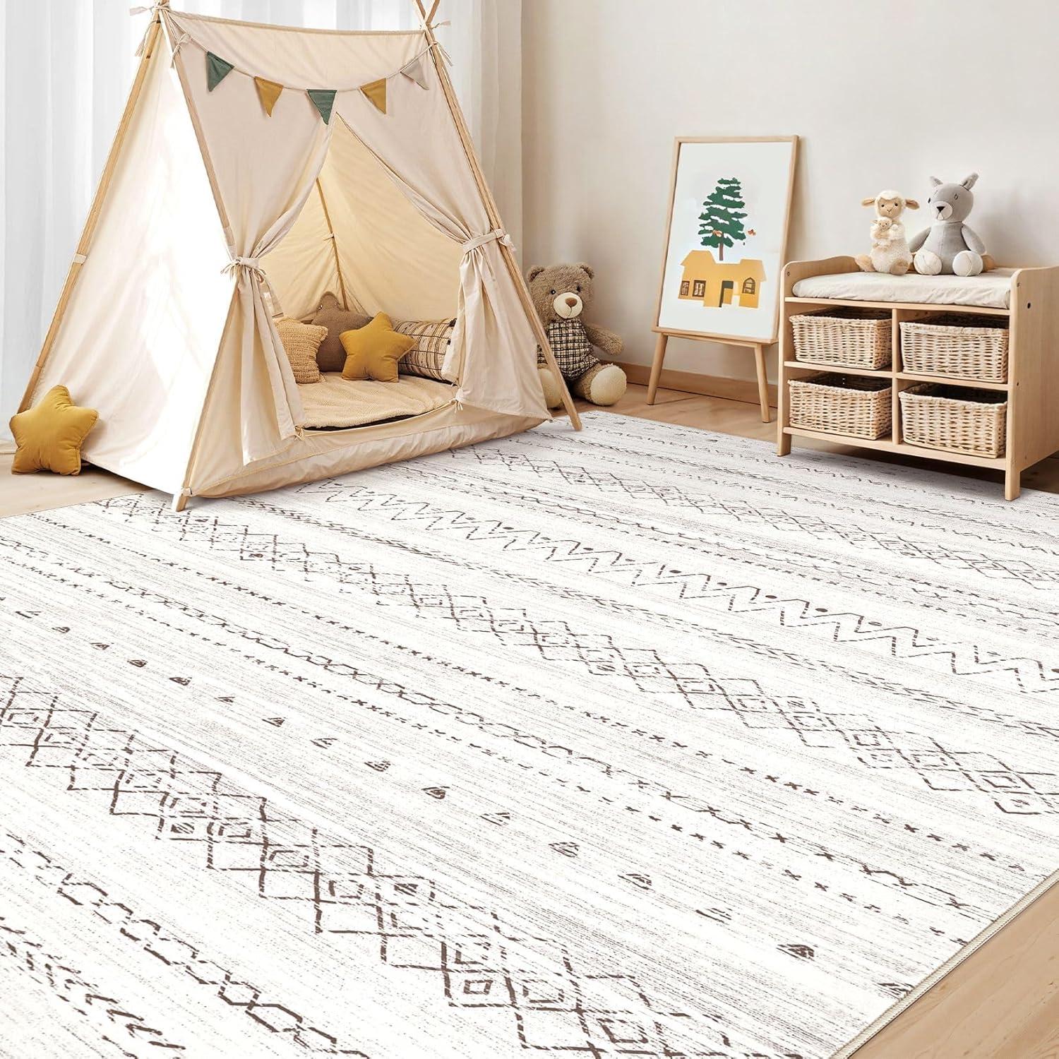 Large Living Room Area Rug 5x7: Soft Machine Washable Boho Moroccan Farmhouse Rugs for Bedroom Under Dining Table - Non-Slip Neutral Morden Indoor Floor Carpet for Home Office - Brown/Cream