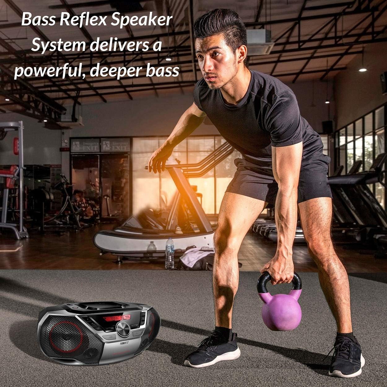 Philips Portable Boombox CD Player Bluetooth FM Radio MP3 Mega Bass Reflex Stereo Sound System with NFC, 12W, USB Input, Headphone Jack, and LCD Display