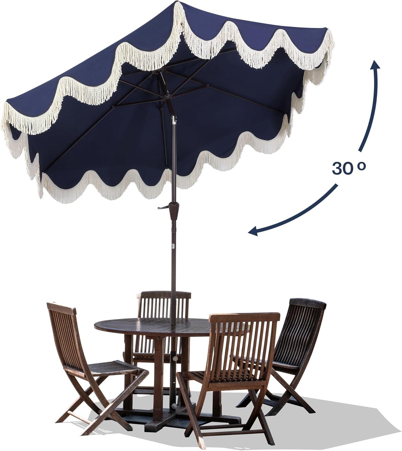 Arlmont & Co. Teretha 9 ft. Classic Cottage Tassel Market Patio Umbrella with Auto-Tilt, Crank, and UV Protection