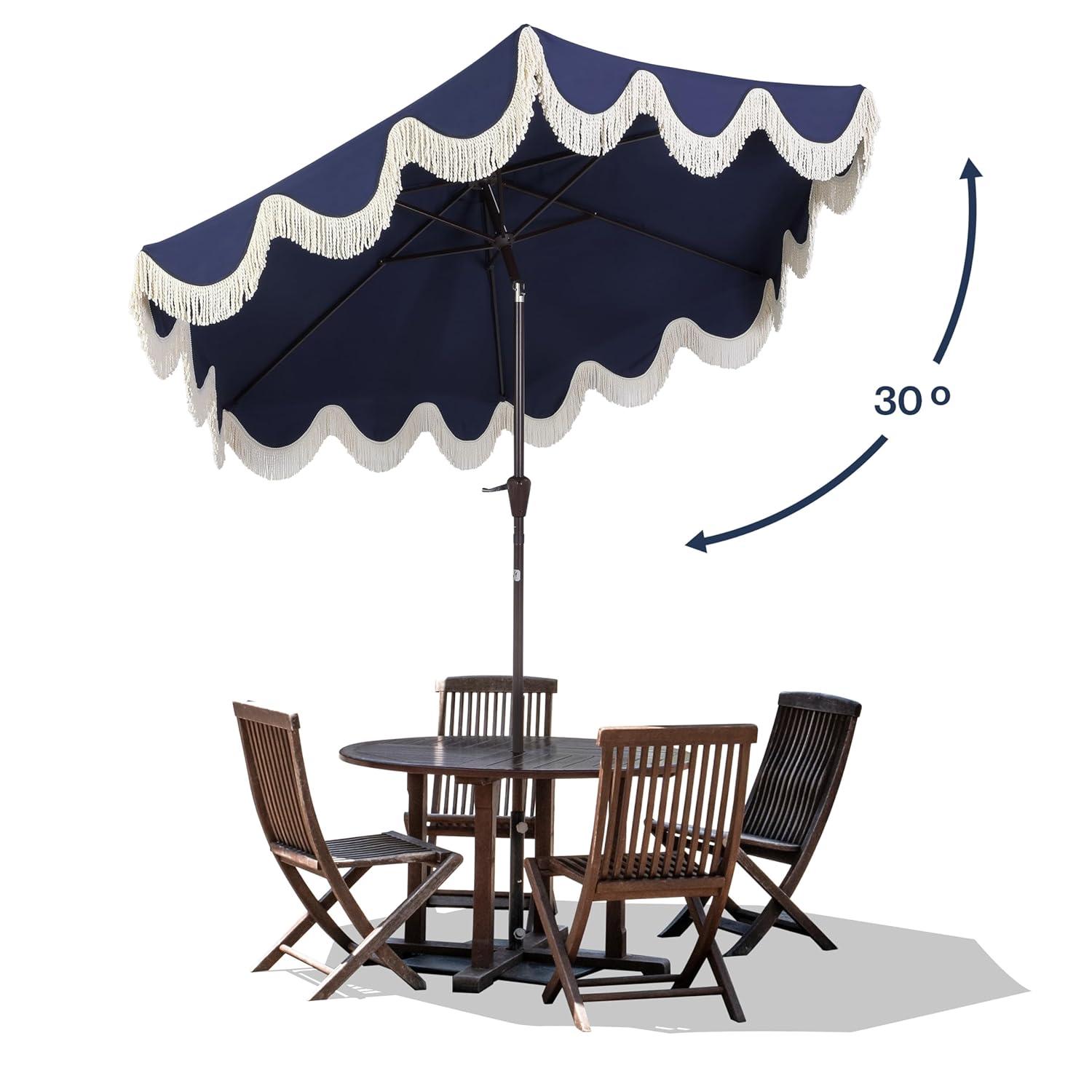 Arlmont & Co. Teretha 9 ft. Classic Cottage Tassel Market Patio Umbrella with Auto-Tilt, Crank, and UV Protection & Reviews | Wayfair