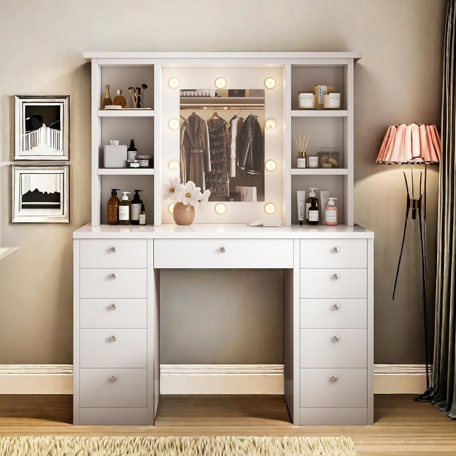 MONTARY Makeup Vanity Desk with Mirror and Lights, Dressing Table , White Vanity Table Set with 6 Drawers & Shelves & 4 Cabinets, 3 LED Lighting Modes Brightness Adjustable