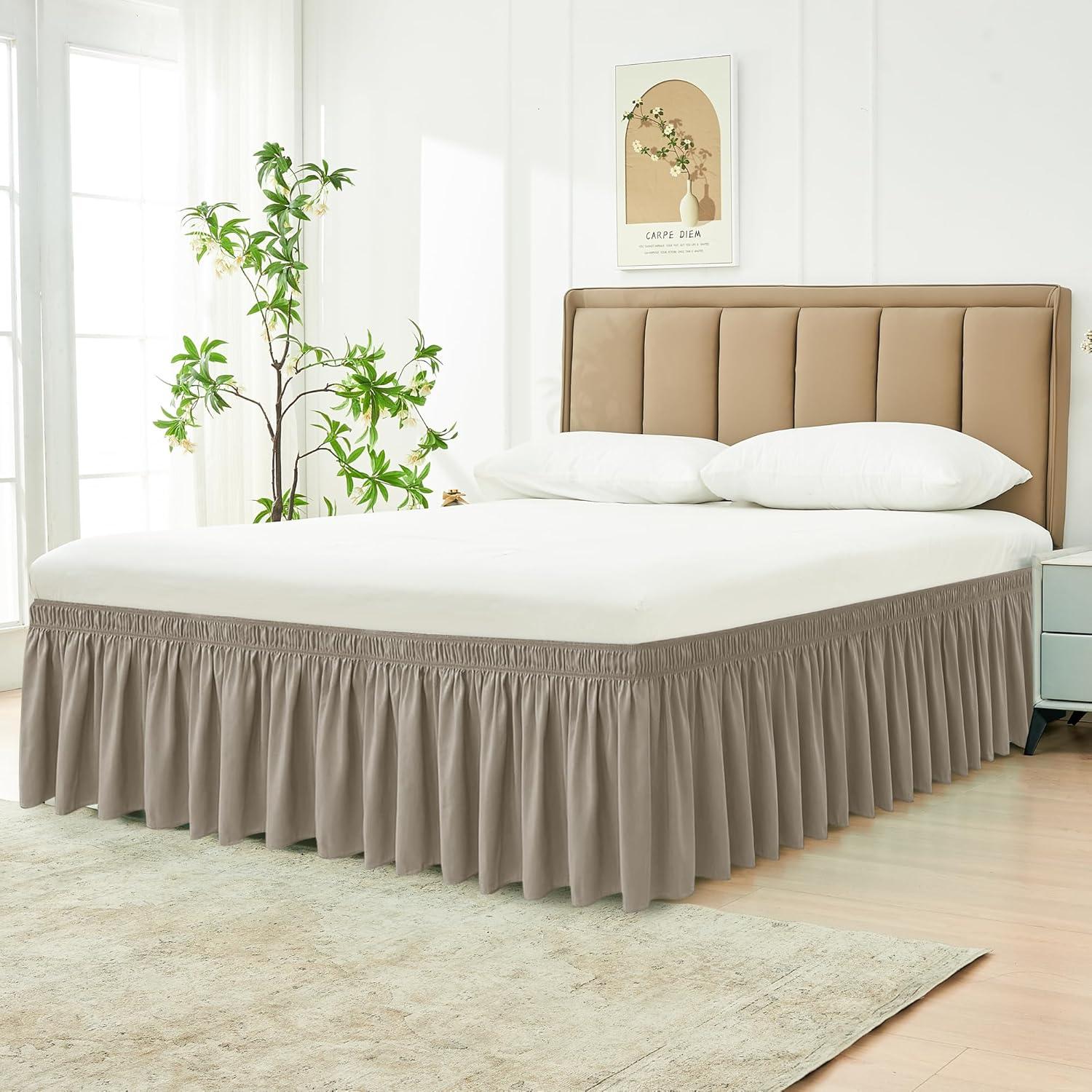 Biscaynebay Wrap Around Bed Skirts for King & Cal King Beds 15" Drop, Taupe Adjustable Elastic Dust Ruffles Easy Fit Wrinkle & Fade Resistant Silky Luxurious Fabric Machine Washable