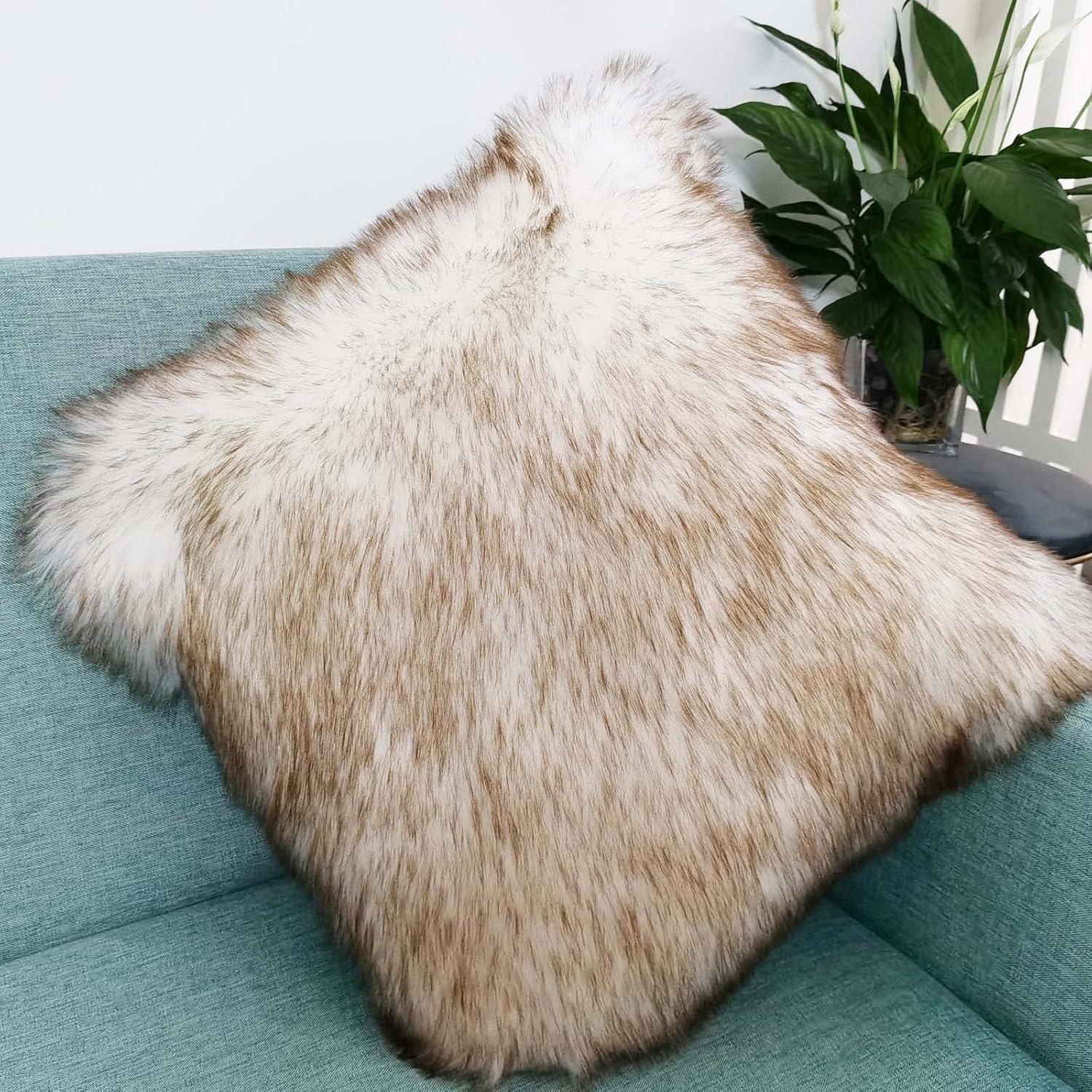 White and Brown Faux Fur Euro Throw Pillow Cover