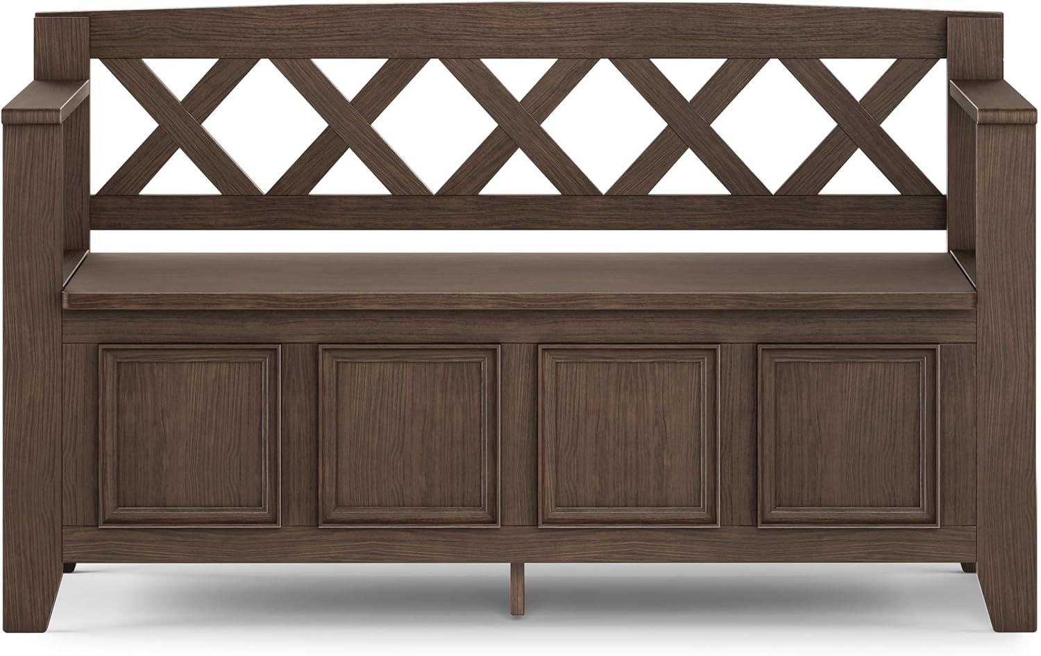 Simpli Home Amherst Solid Wood 48 inch Wide Transitional Entryway Storage Bench in Farmhouse Brown