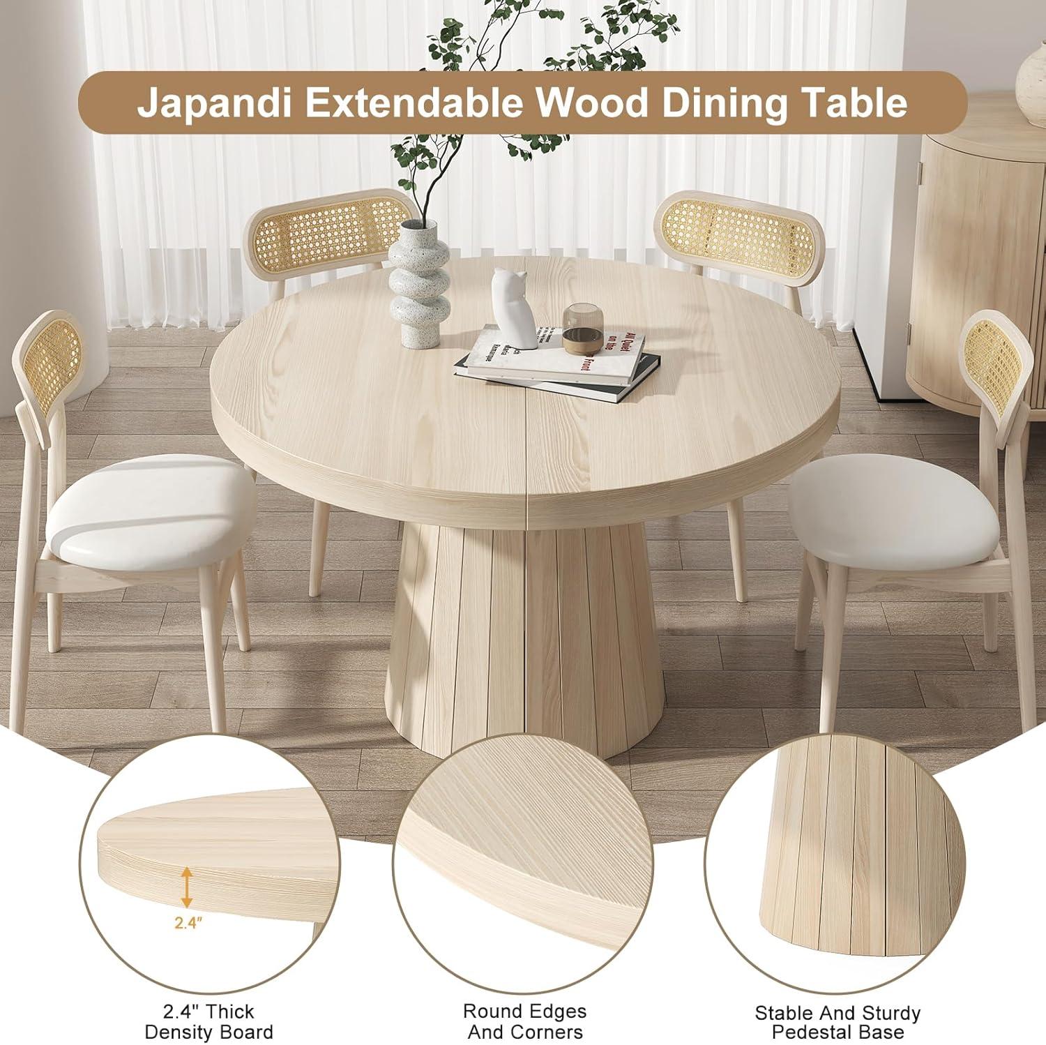 Homary Japandi 39"-55" Extendable Dining Table for 6 Whitewash Oval&Round Pedestal