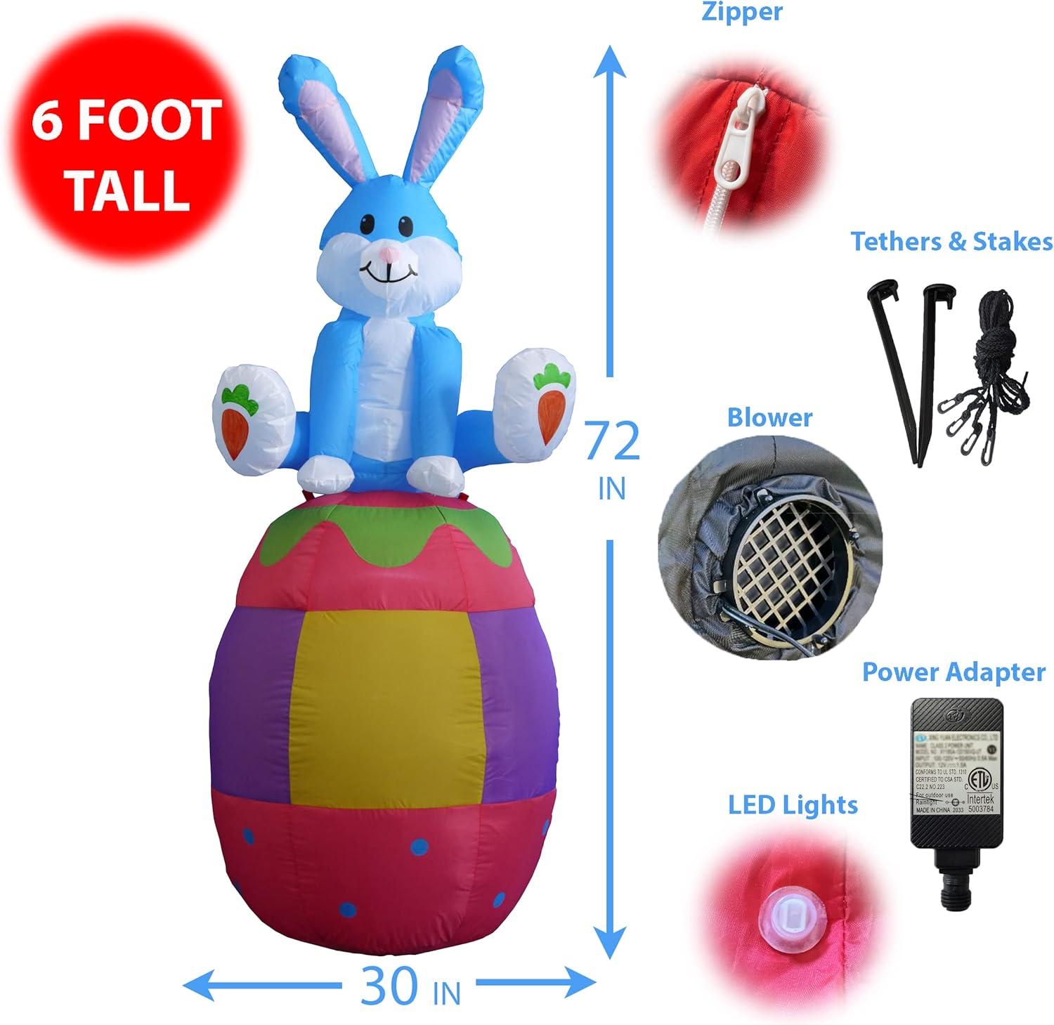The Holiday Aisle® 6 Foot Tall Happy Easter Lighted Inflatable Bunny Rabbit Sitting on Easter Egg Indoor / Outdoor Blow Up Yard Decoration Inflatable