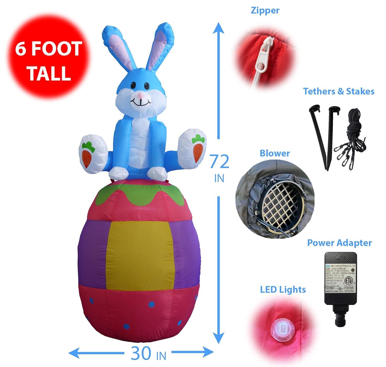 The Holiday Aisle® 6 Foot Tall Happy Easter Lighted Inflatable Bunny Rabbit Sitting on Easter Egg Indoor / Outdoor Blow Up Yard Decoration Inflatable