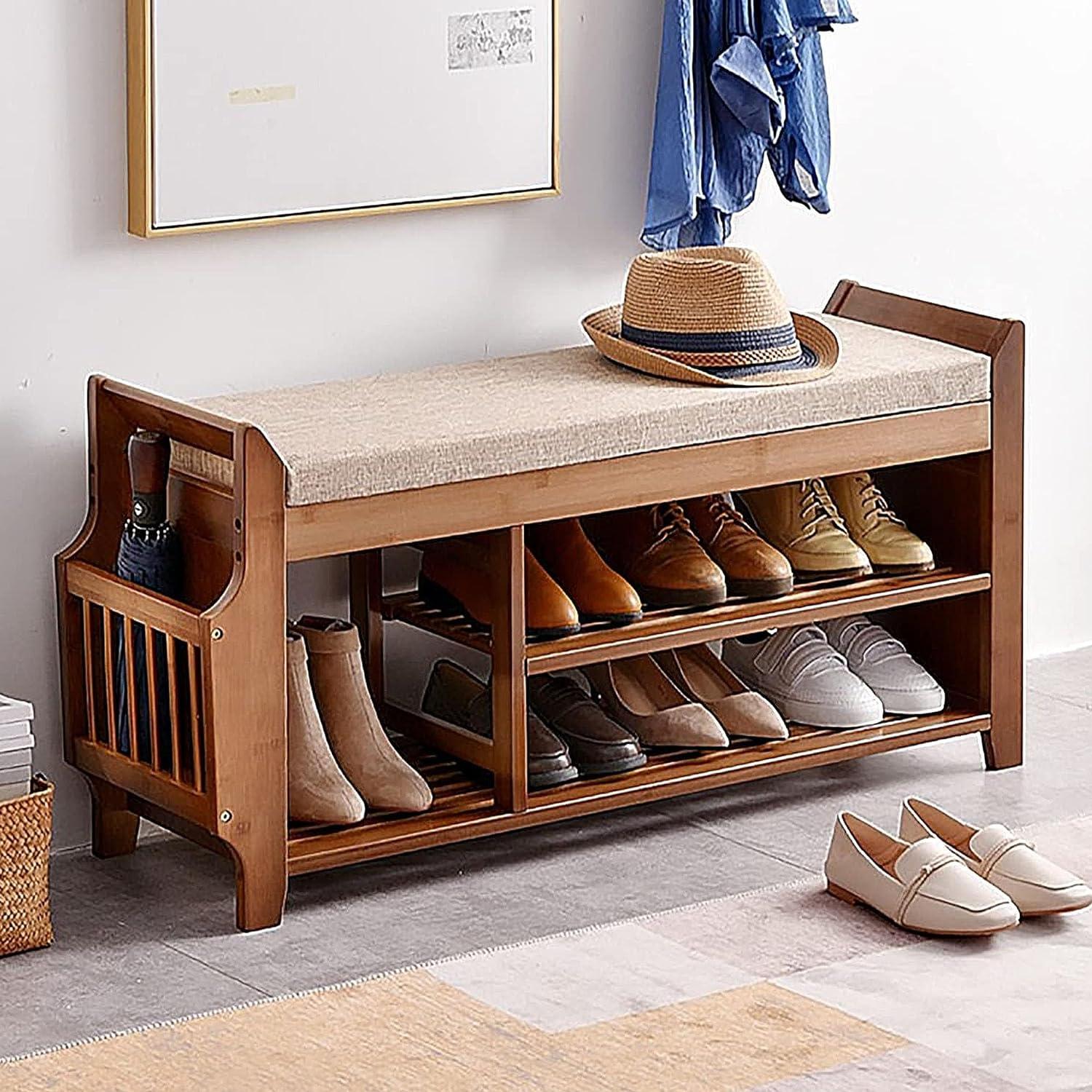 Bamboo 2-Tier Shoe Storage Bench with Hidden Drawer