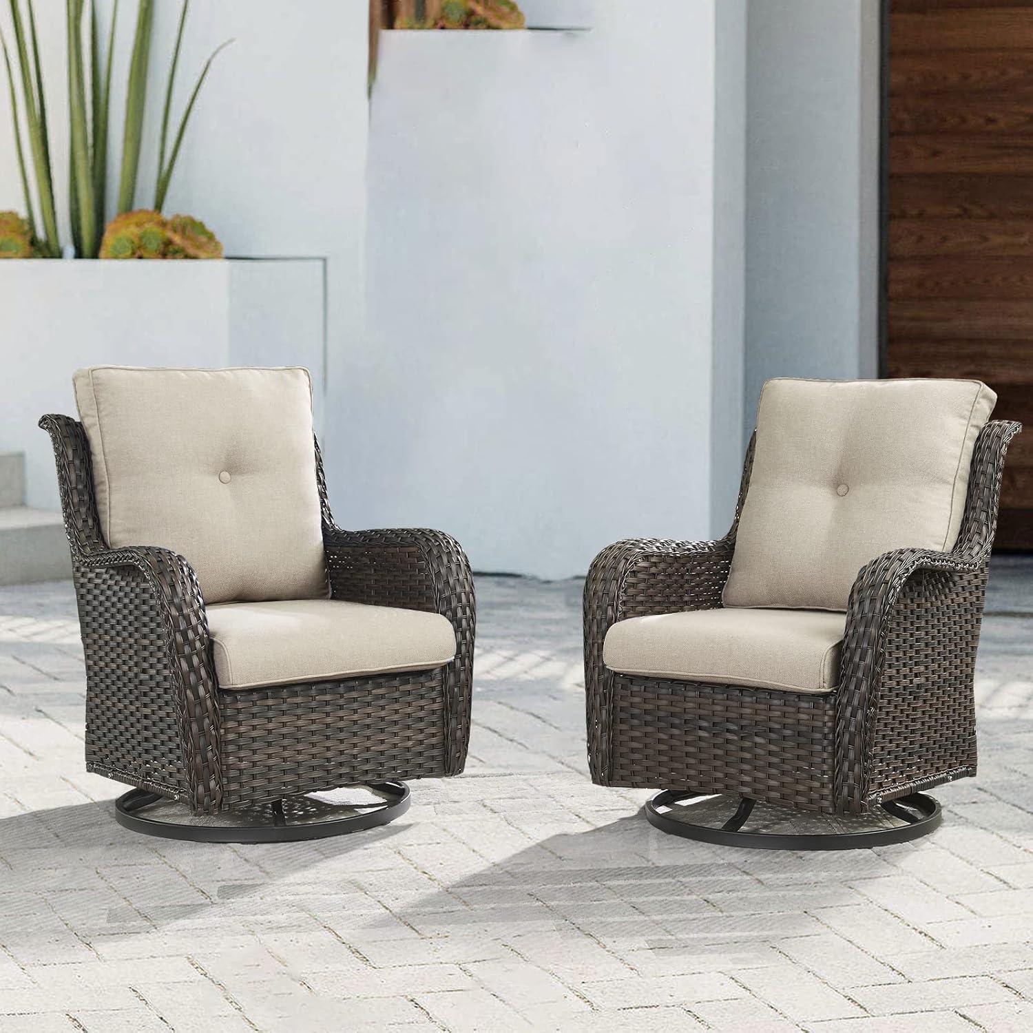 Brown Wicker and Beige Cushion Outdoor Swivel Rocking Chairs