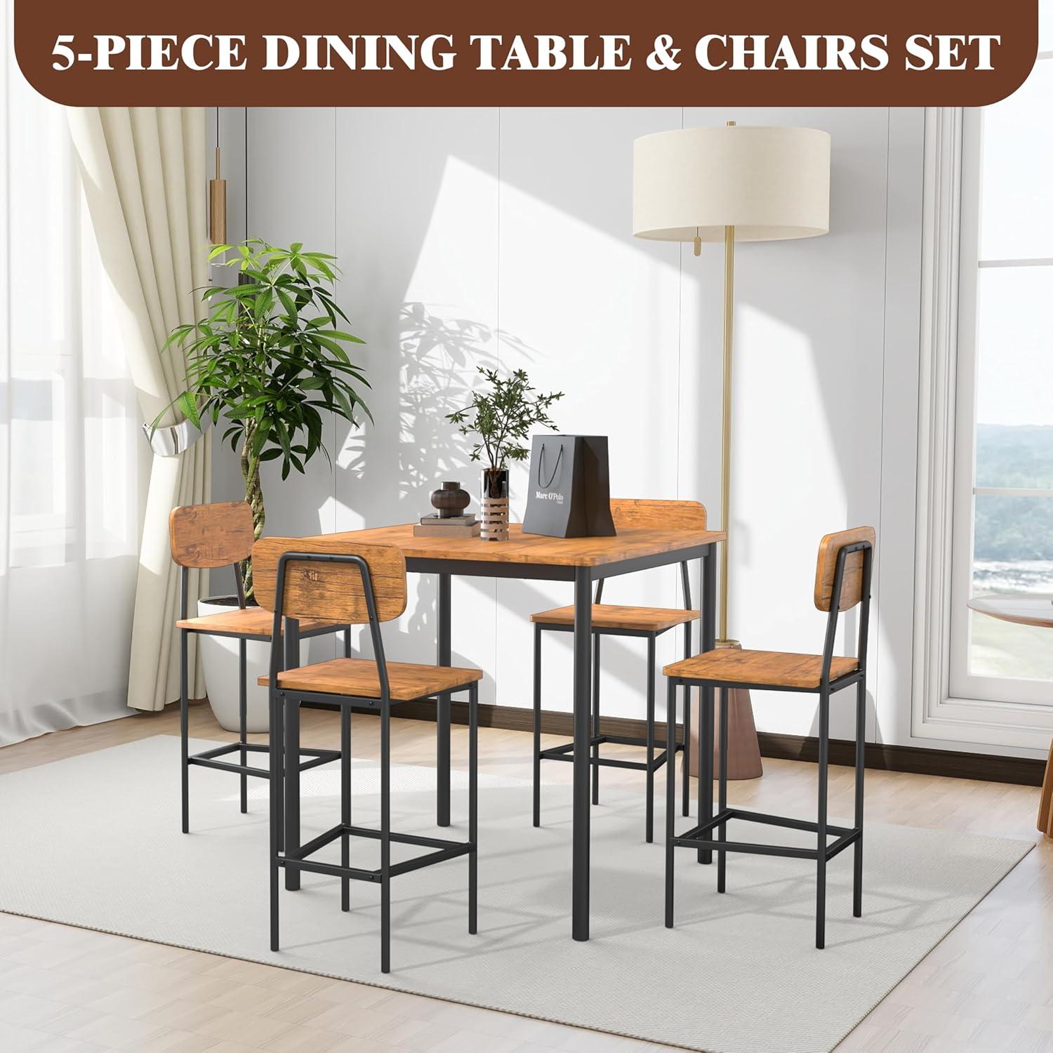 Bifanuo Dining Table Set for 4, Kitchen Table and Chairs for 4 Dining Room Table Set, Space-Saving Design, Industrial Kitchen Table Set for Family Dinner, Party, Brown