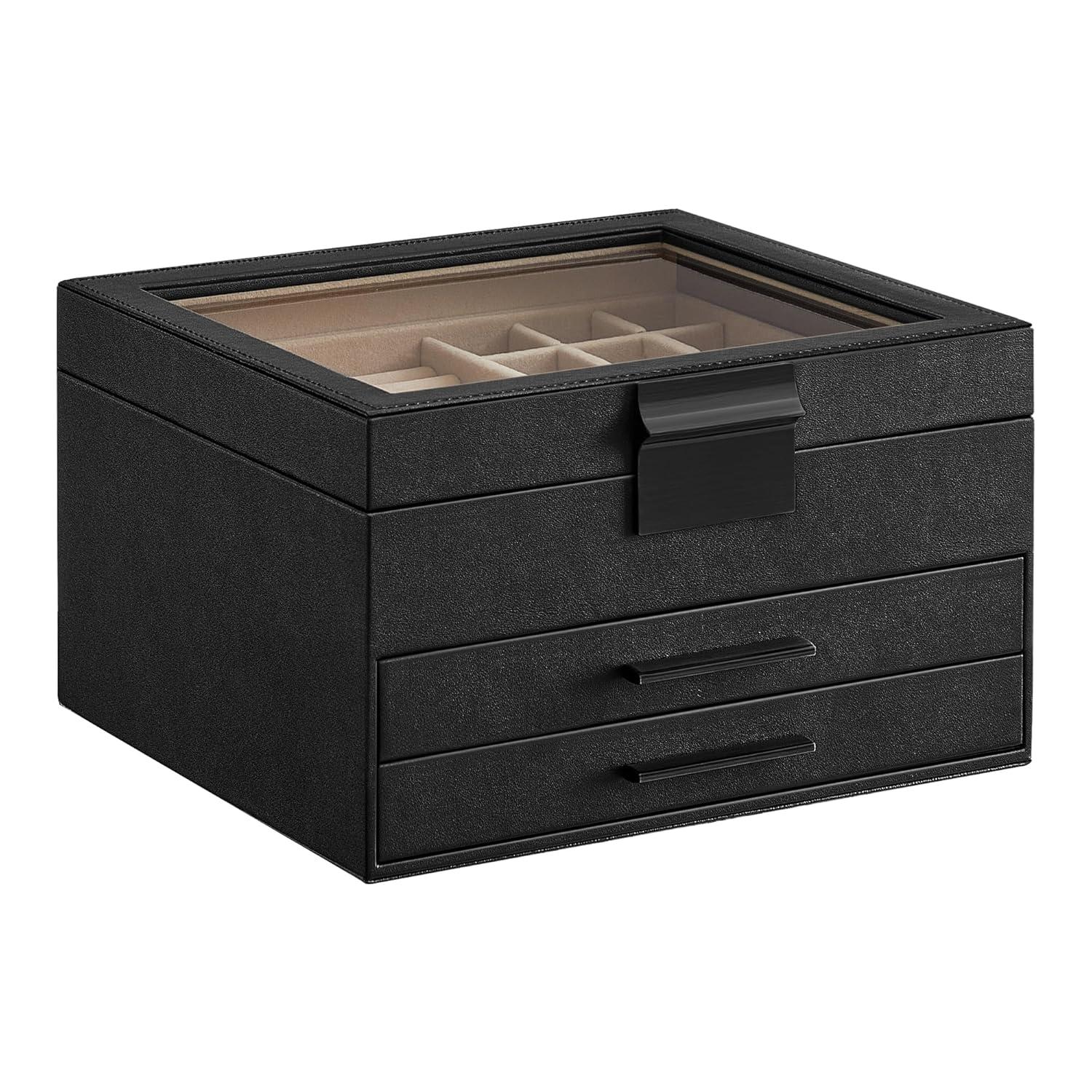 Glass Lid Jewelry Box with Glass Jewelry Organizer Case for Rings Necklaces Earrings Black and Silver