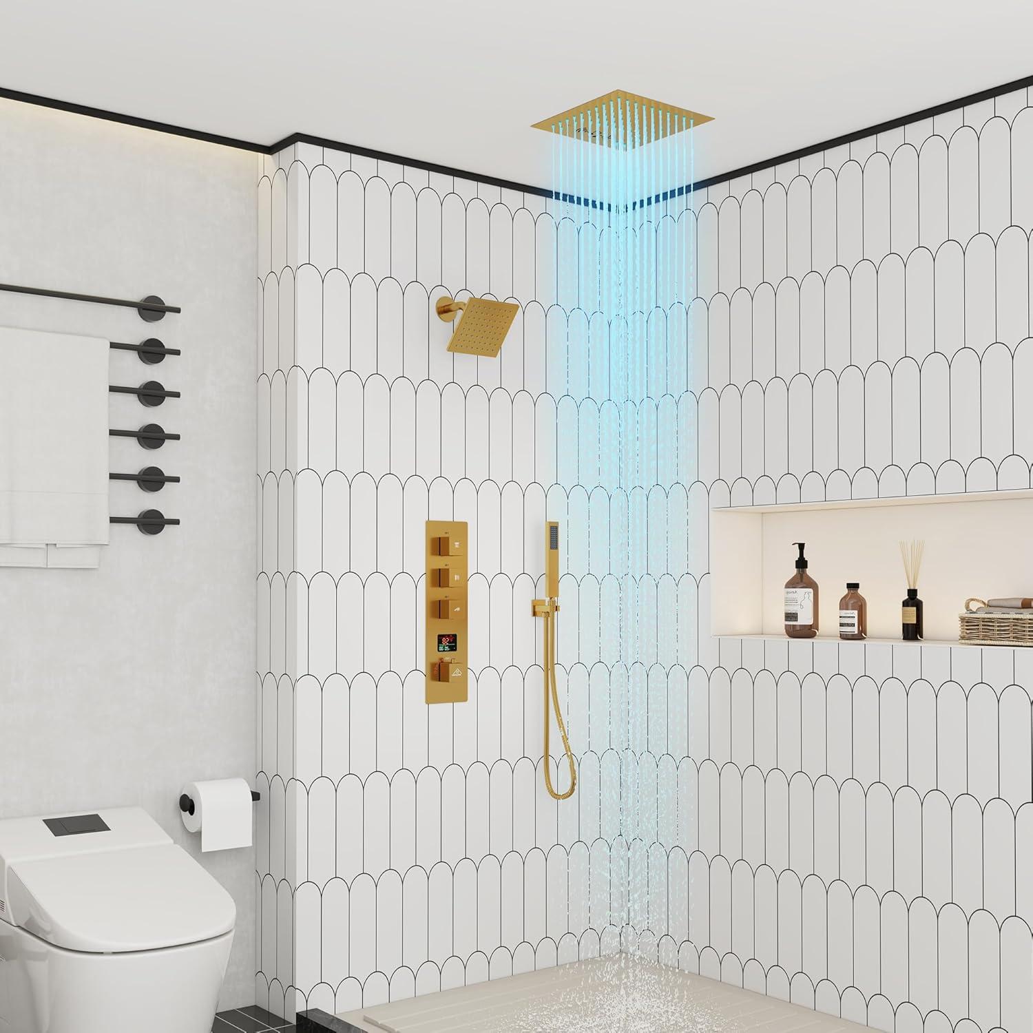 Rodeo 27.5-Inch LED&Music Rainfall Thermostatic Shower System with Slide Bar and 2-in-1 Handheld