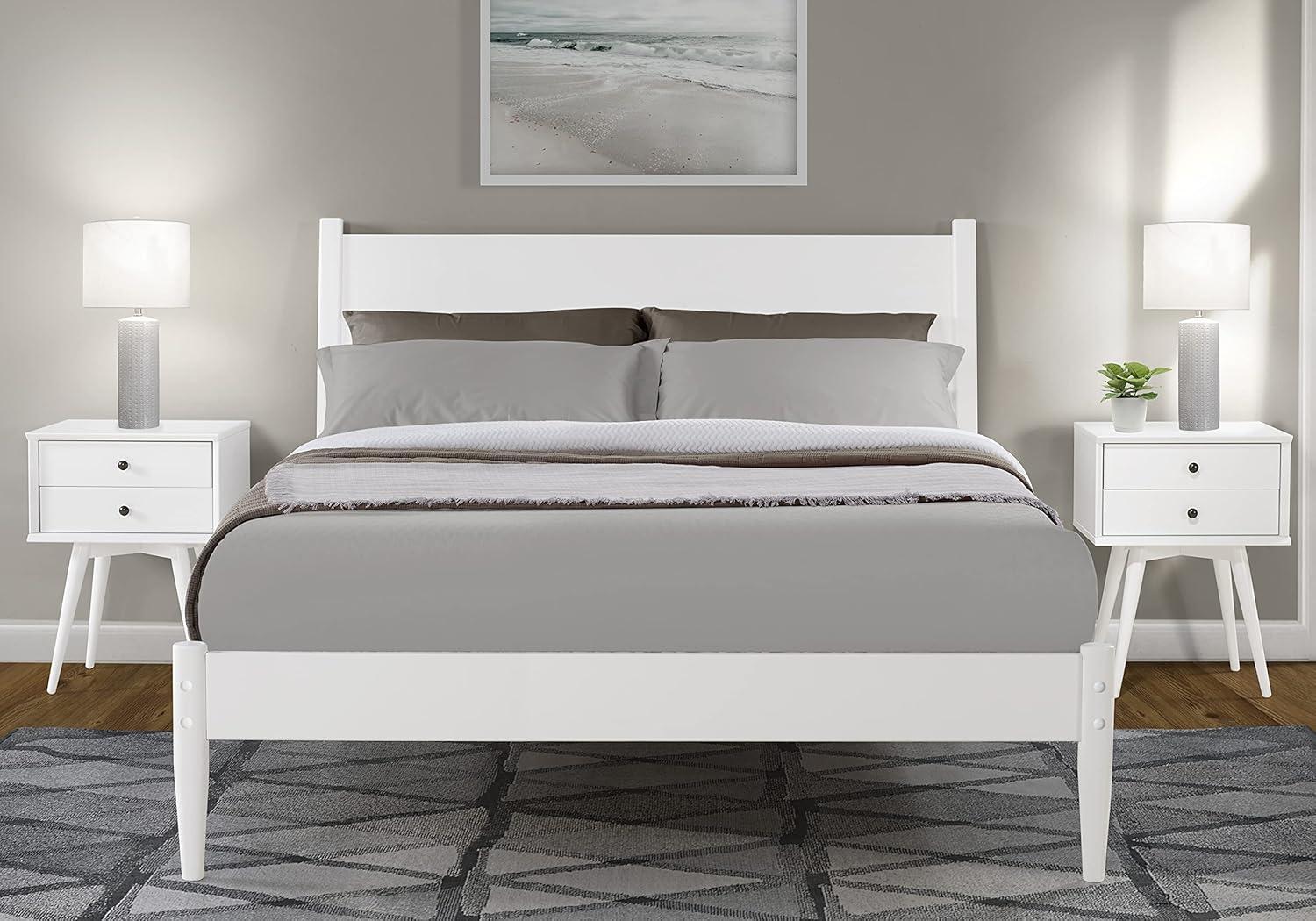 Camaflexi Mid Century Platform Bed Wood Panel Bed Frame with Headboard, Queen, White