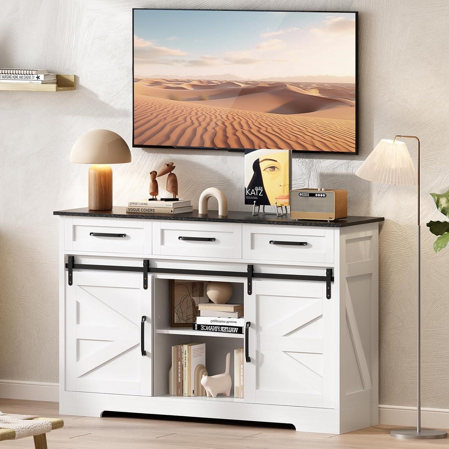 White Farmhouse Wood Sideboard Buffet Cabinet with Sliding Barn Door