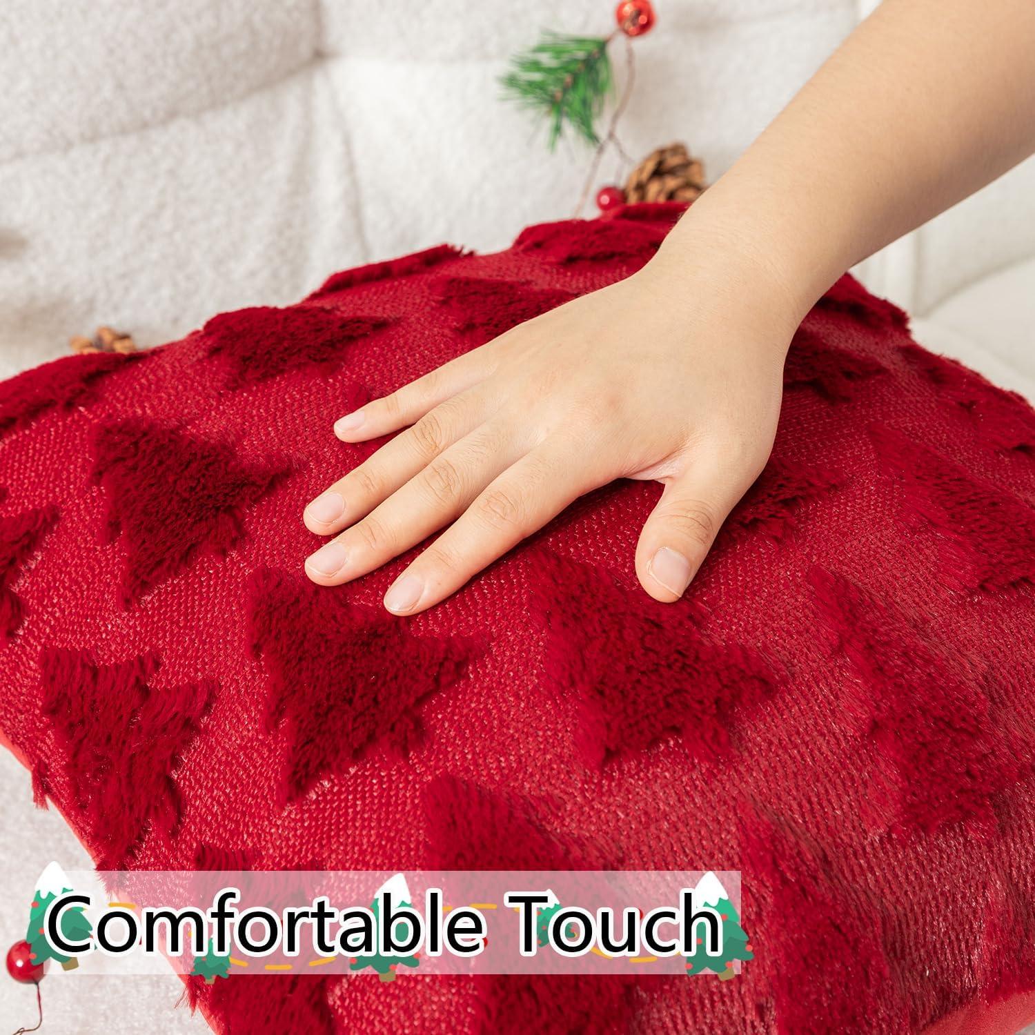 UGASA Pillow Covers 20x20 Inch Set of 2 Soft Plush Faux Fur Christmas Tree Decorative Luxury Jacquard Throw Pillows Pillowcases for Couch Sofa Holiday Festivals Home Decor, Burgundy