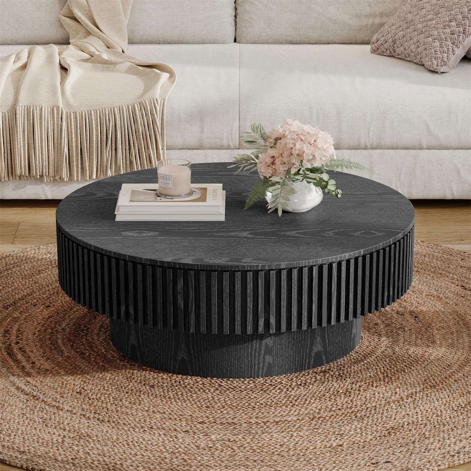 Round Coffee Table with Storage, Modern Wooden Coffee Table with Solid Wood Veneered, 31.5" Small Circle Center Table,Tea Table for Living Room,Home Small Space,Black