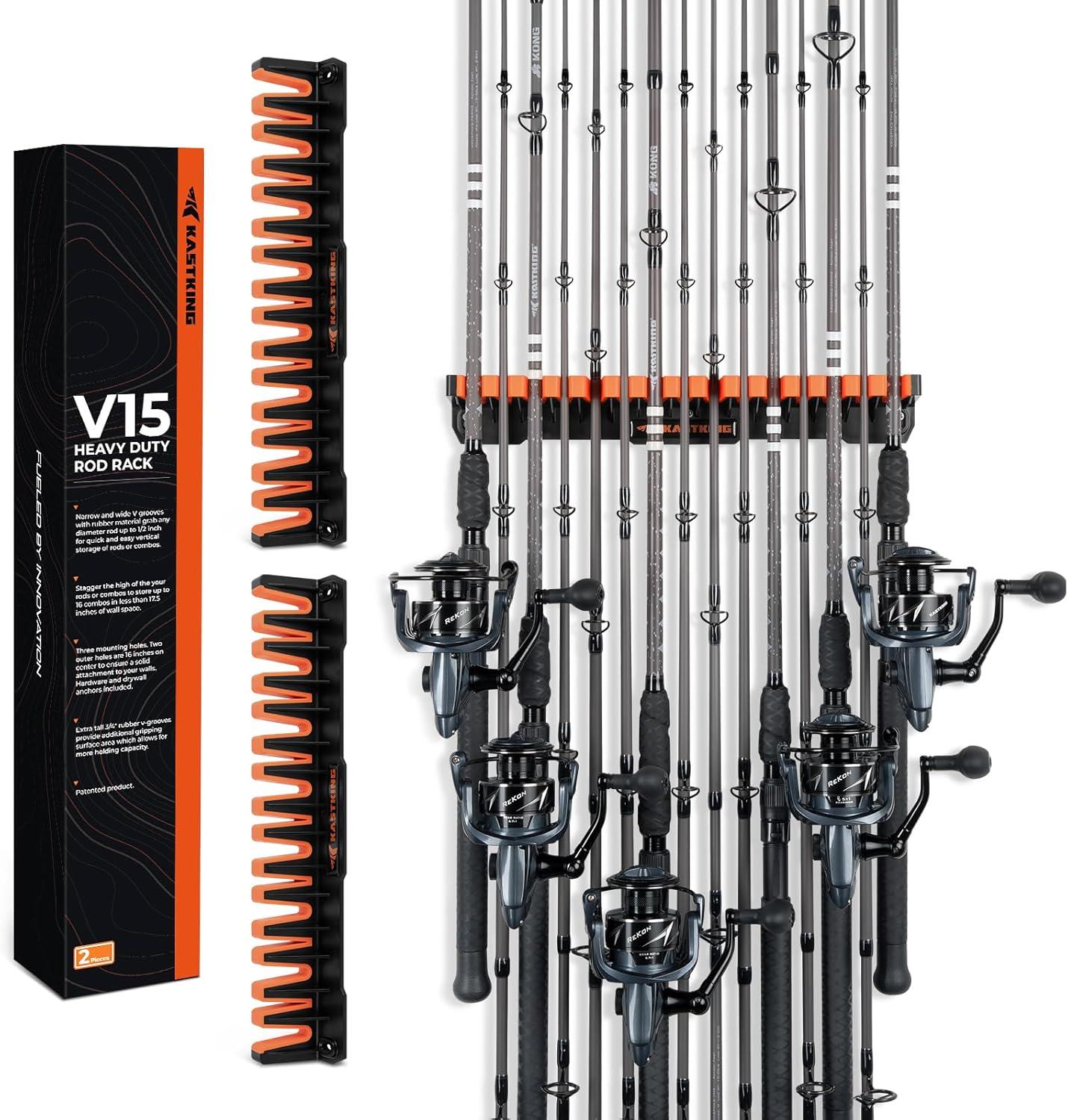 KastKing V15HD Heavy Duty Vertical Fishing Rod Holder – Wall Mounted Fishing Rod Rack, Store 15 Large Rods or Fishing Rod Combos in 18 Inches, Great Fishing Pole Holder and Rack, 1 Pack