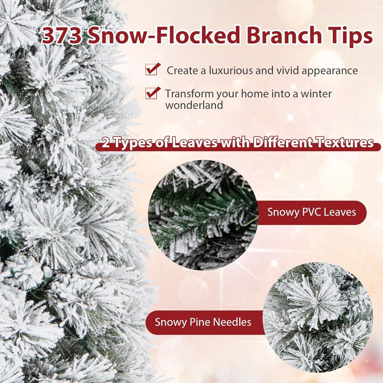 Tangkula 4.5/6/7FT Pre-lit Artificial Christmas Tree Snow-flocked Pencil Xmas Tree with 100/150/210 Warm White Lights 258/373/466 Branch Tips