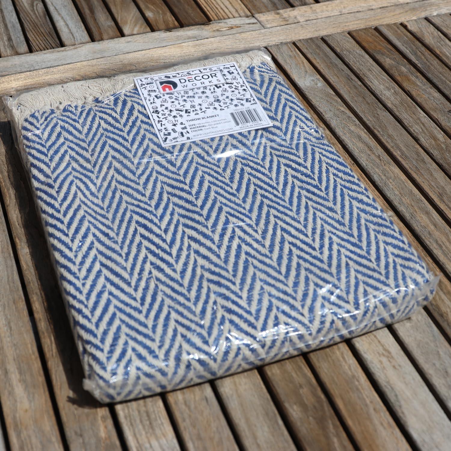 Elegant Gray and Blue Knitted Herringbone Throw Blanket