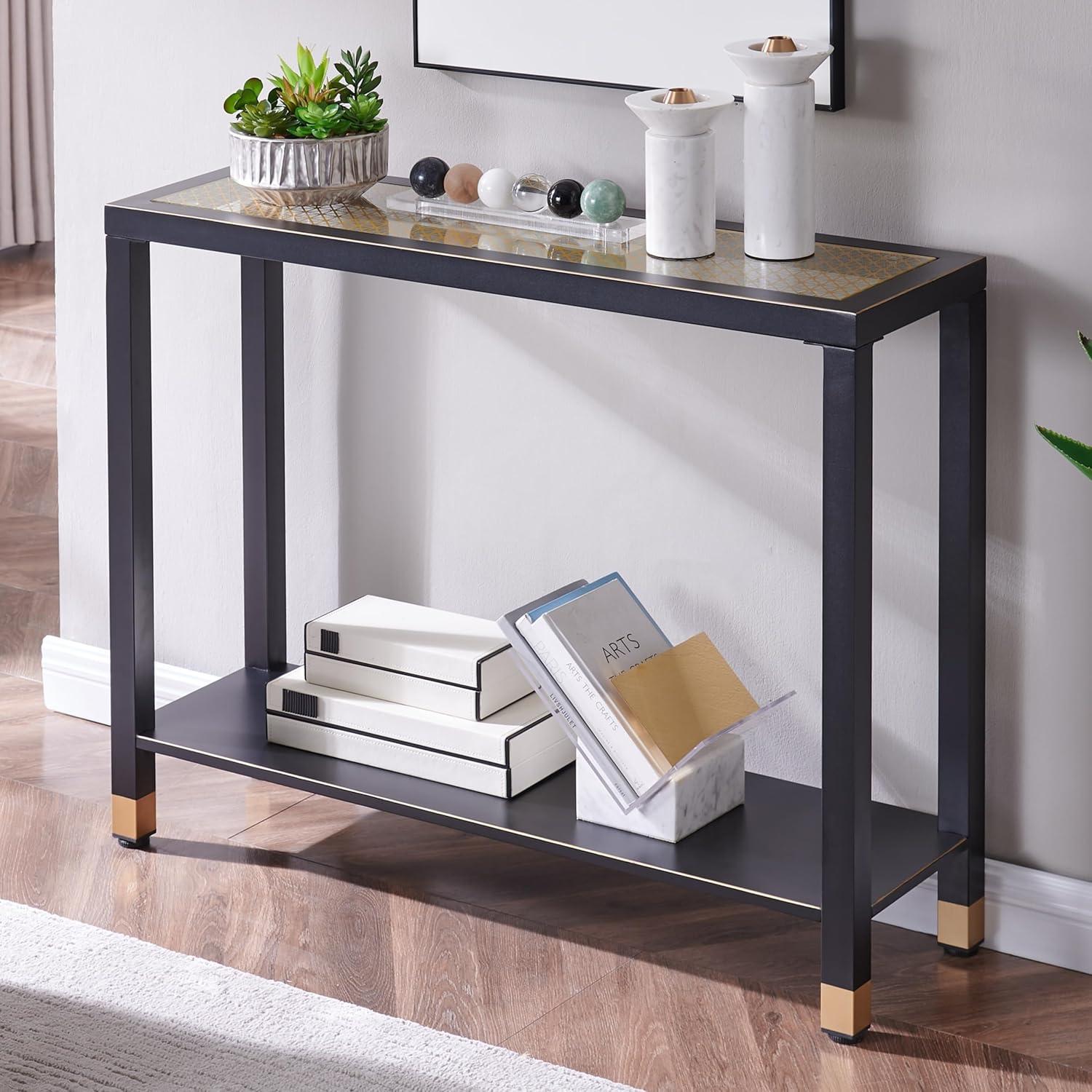 Black Metal and Glass 2-Tier Console Table with Storage