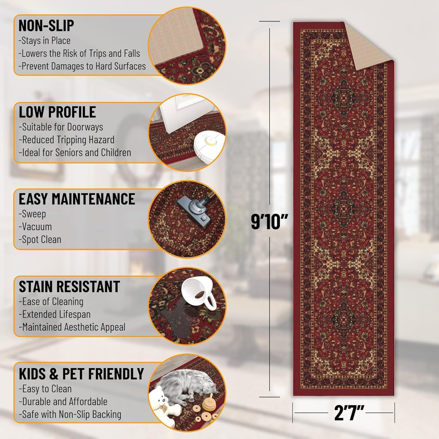 Ottohome Non-Slip Medallion Oriental Area Rug For Living Room, Hallway, Entryway Rug, Dark Red