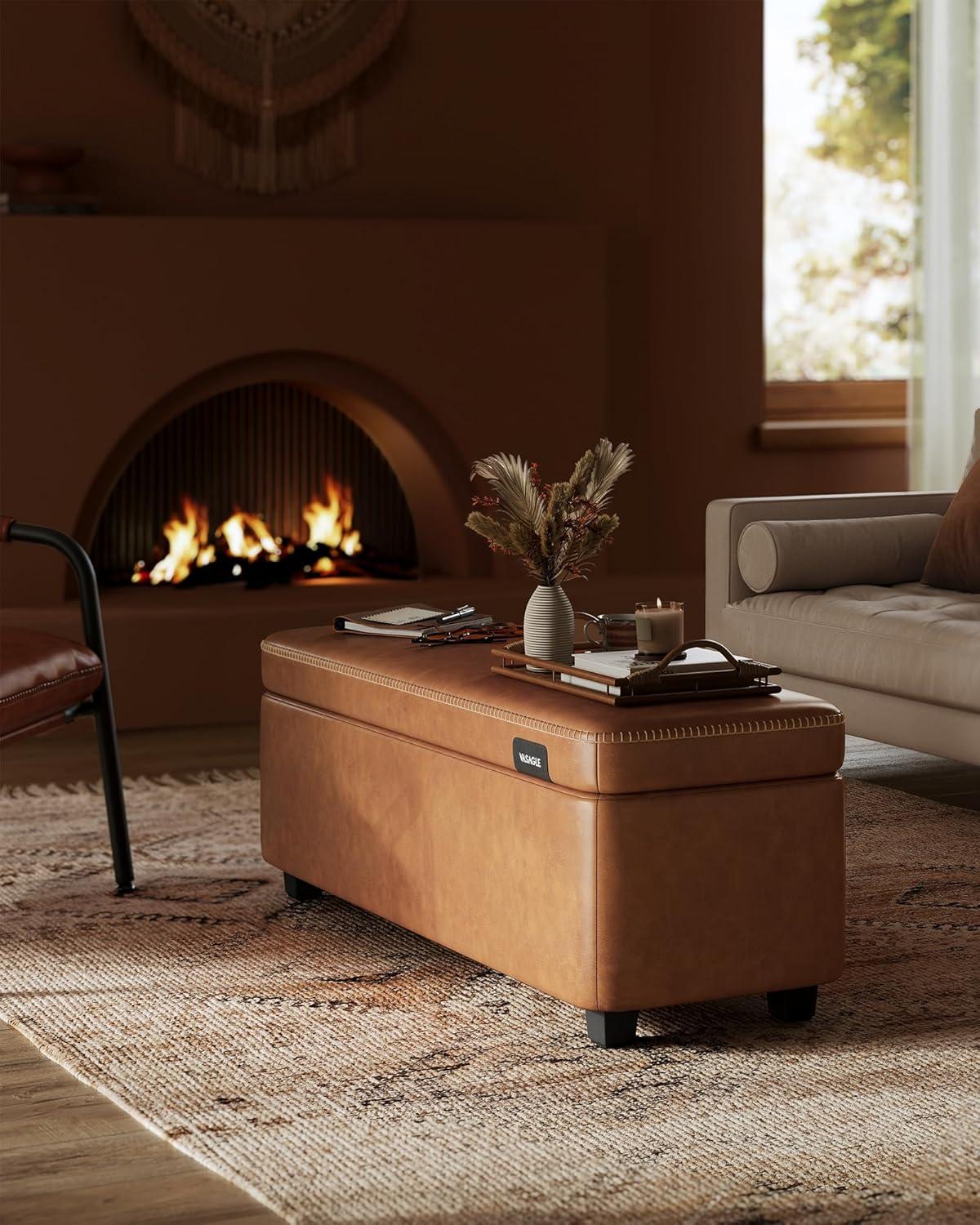 Caramel Brown Synthetic Leather Storage Ottoman Bench