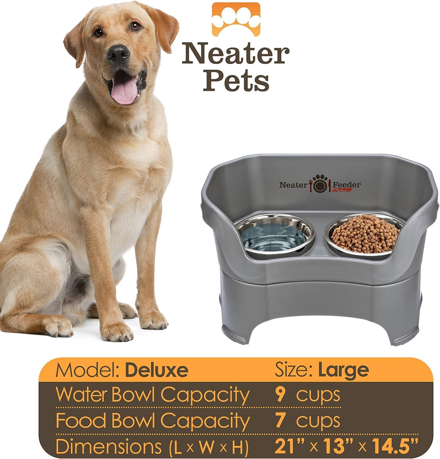 Neater Feeder - Deluxe Model - Mess-Proof Dog Bowls (Large, Gunmetal) - Made in USA - Elevated, No Spill, Non-Tip, Non-Slip, Raised Stainless Steel Food & Water Pet Bowls