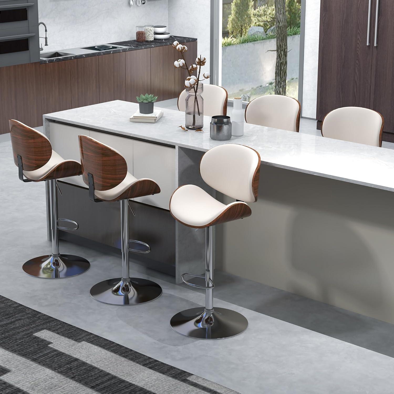 civama Bar Stools Set of 2 for Kitchen Counter, Adjustable Bar Height Chairs, Modern Swivel Barstools with Bentwood Seat and Back with Footrest, for Kitchen Island, Dining Room, White PU Leather