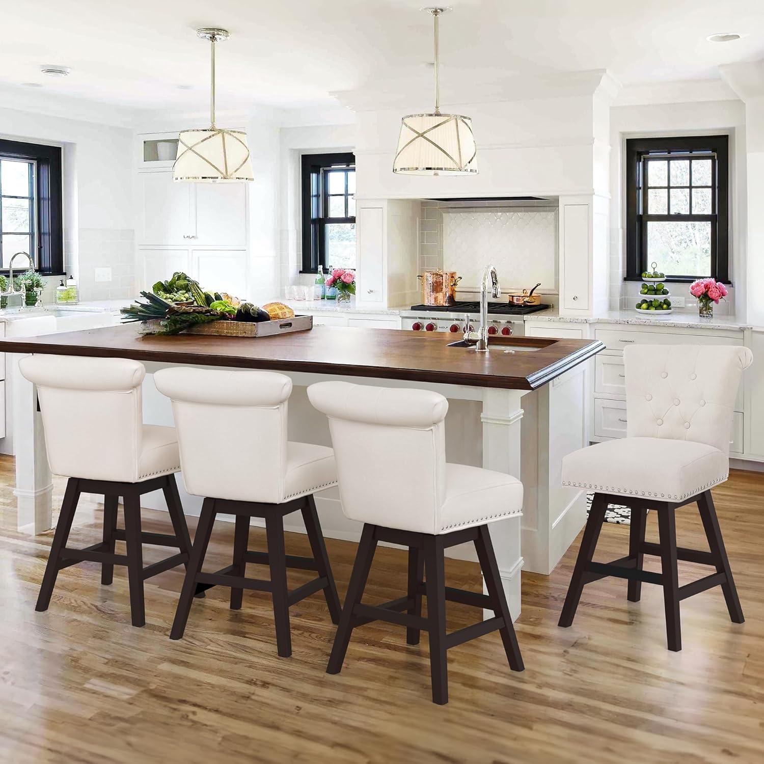 Beige Linen Swivel Counter Height Bar Stools with Wood Legs