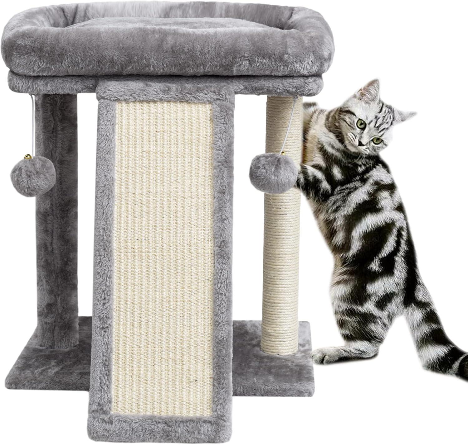 Cat Scratching Post With Perch, Cat Scratching Board For Adults, Cat Post Scratcher For Indoor Cats, 2 Dangling Balls Great For Kittens