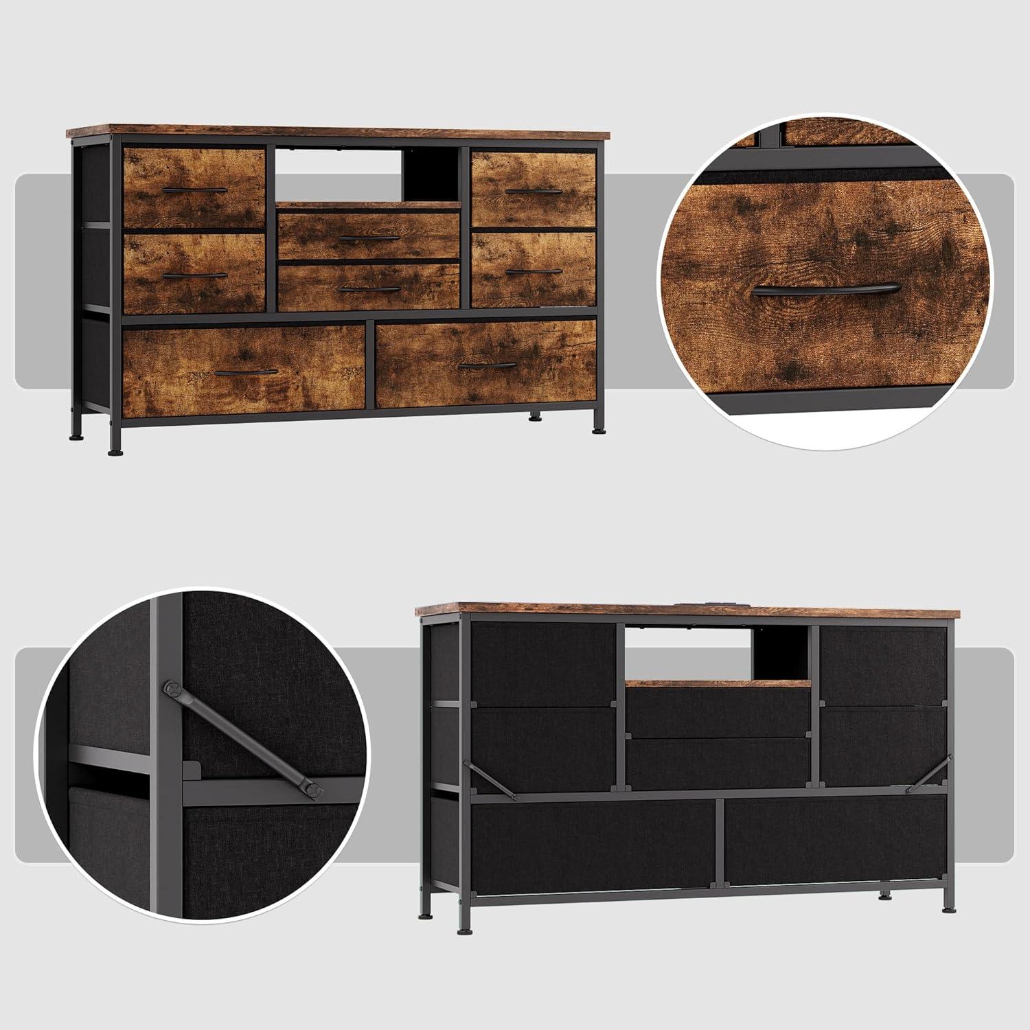 INDSUMOT 8 Dresser TV Stand with Power Outlet & LED for 55'' TV, Long Dresser for Bedroom with 8 Deep Drawers, Wide Console Table for Storage in Closet, Living Room, Entryway, Wood Top(Rustic Brown)