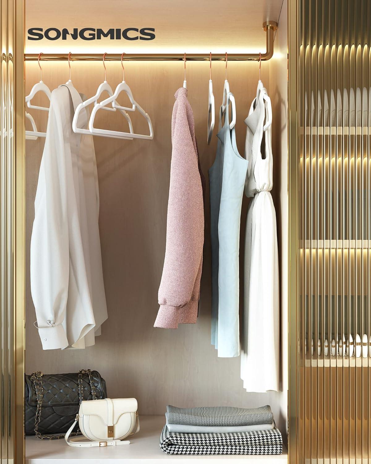 SONGMICS Velvet Hangers, Set of 50 Clothes Hanger with Rose Gold Swivel Hook, Non-Slip, and Space-Saving, 0.2-Inch Thick, 17.1-Inch Long for Coat, Shirt, Dress, Pants, Tie, Cloud White UCRF021W02