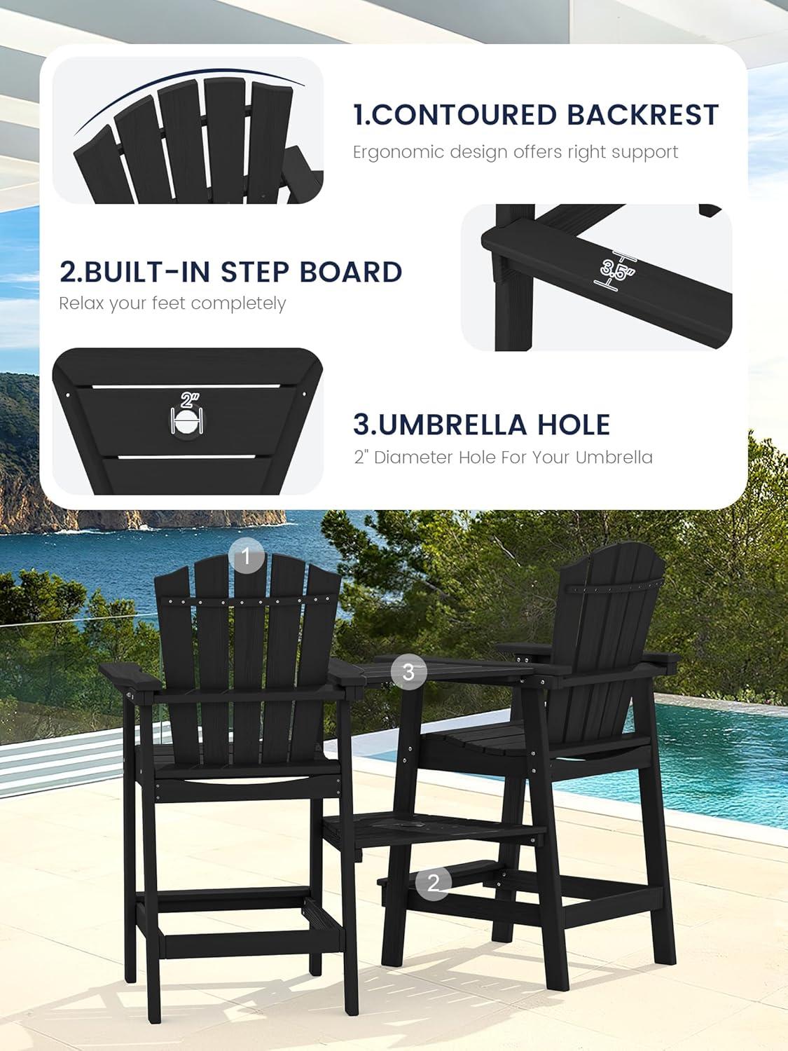 JUSTLET Tall Plastic Adirondack Chair Set of 2 W/ Outdoor Barstools and Connecting Tray, Brown