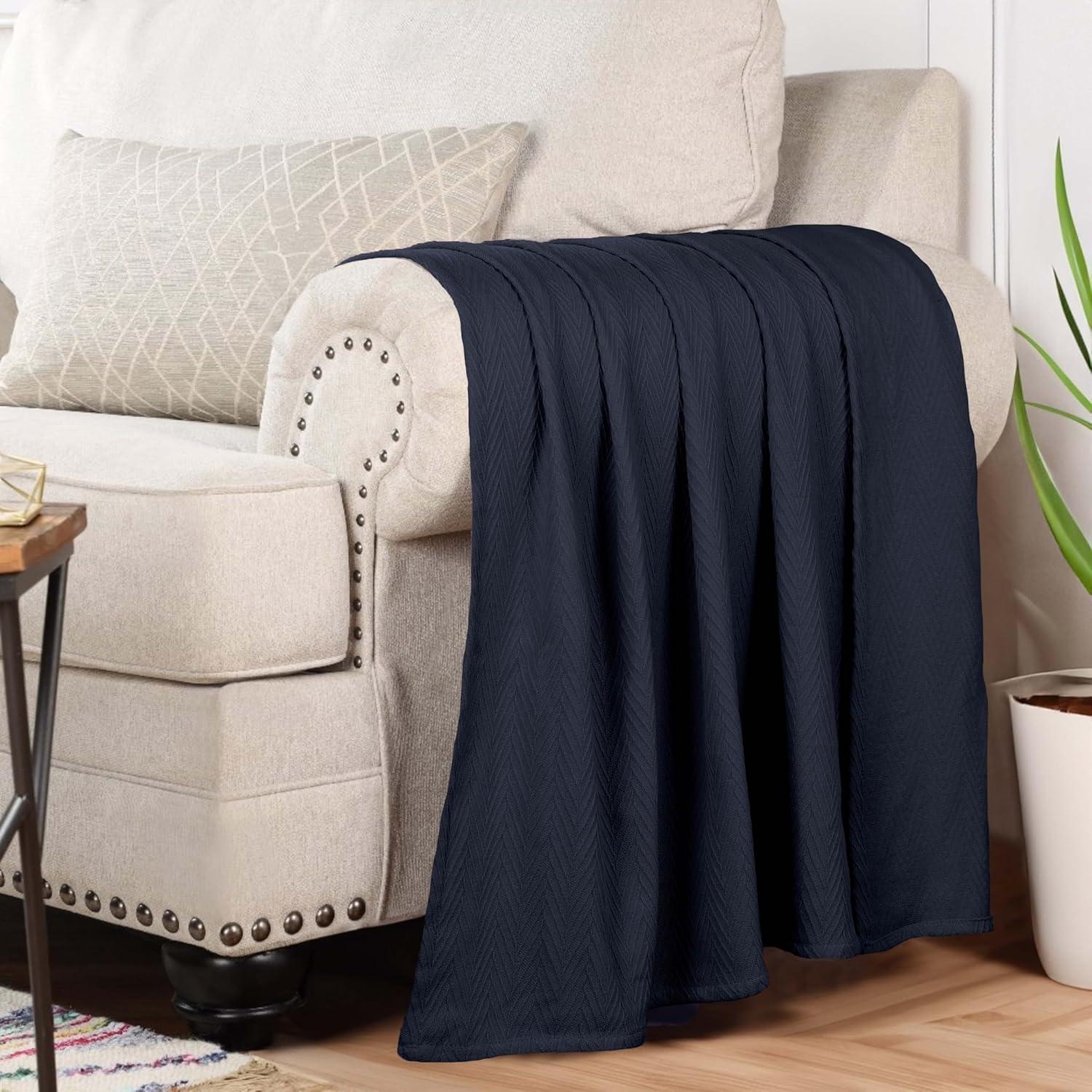 Superior Dobbyweave Knit Cotton Blanket, All Season Bed Blanket, Full/Queen 88" x 100", Navy Blue