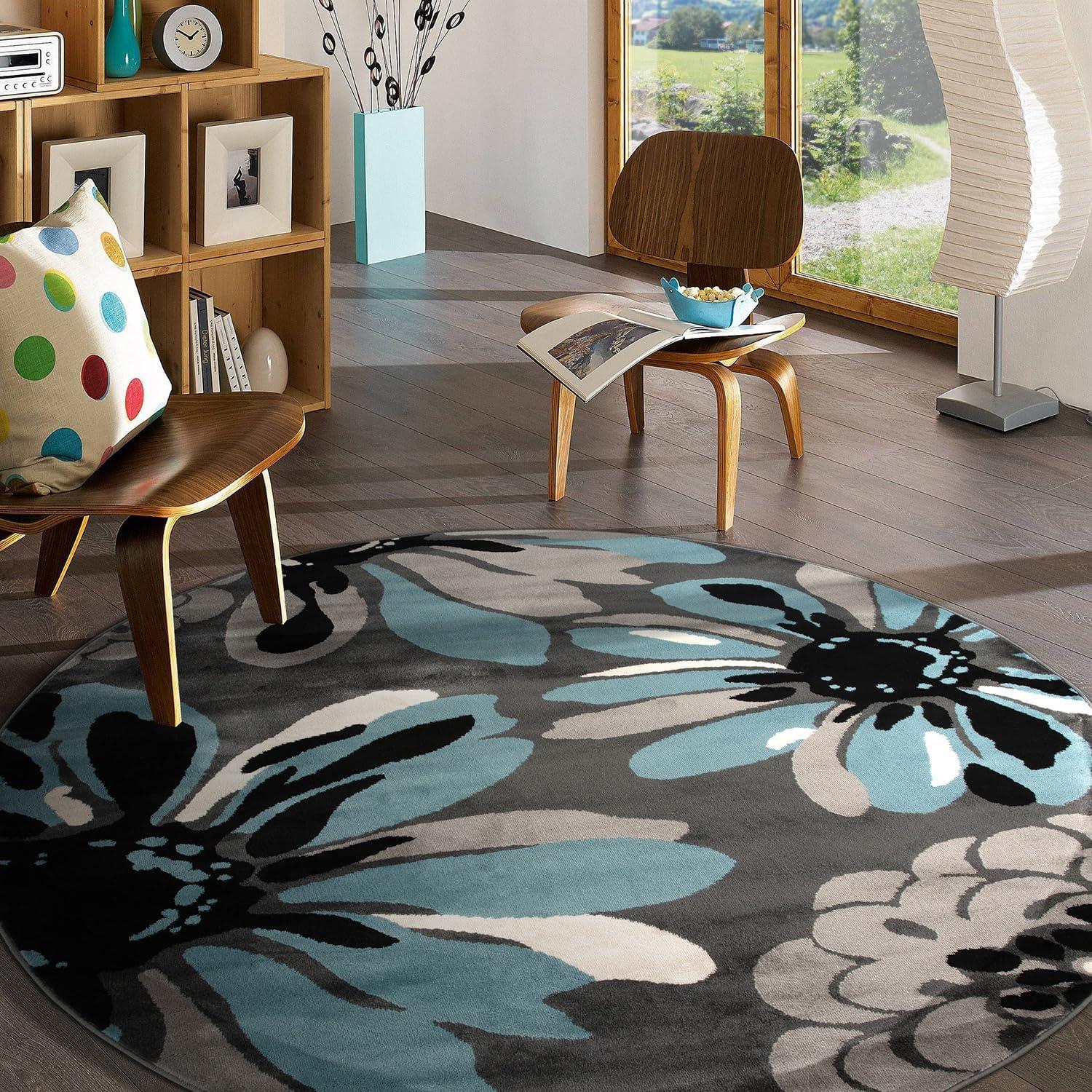 Blue and Gray Synthetic Round Floral Area Rug