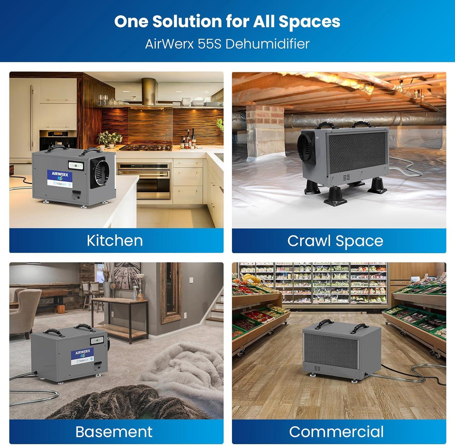 BaseAire AirWerx 55 Dehumidifier for Crawl Space Basement Commercial Dehumidifier with Continuous Drain Hose