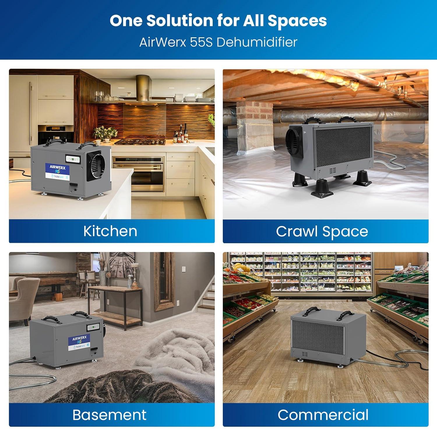 BaseAire AirWerx 55 Dehumidifier for Crawl Space Basement Commercial Dehumidifier with Continuous Drain Hose