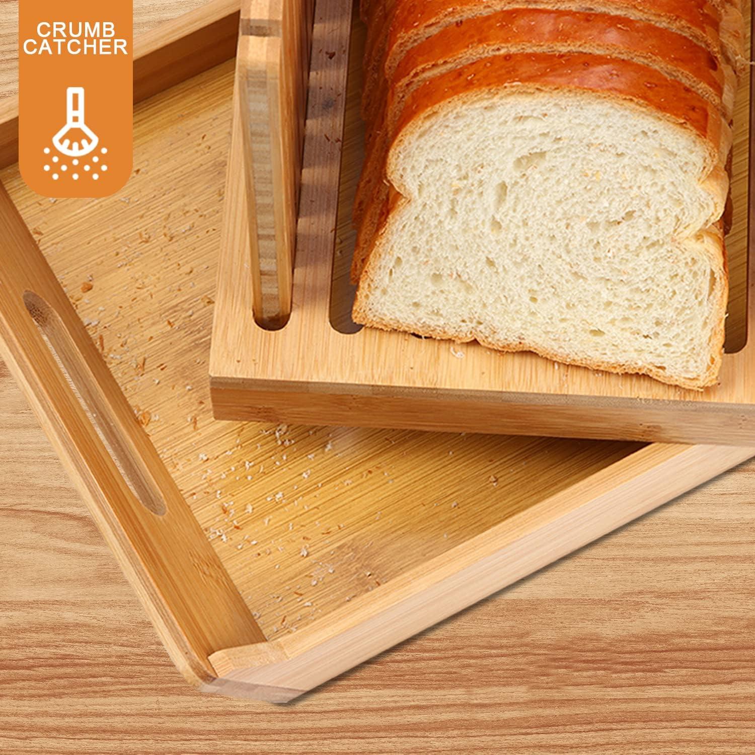 Premium Bamboo Bread Slicer for Homemade Bread, Crumb Catcher, Foldable and Compact Loaf Cutter 3 Size Slicing Guide
