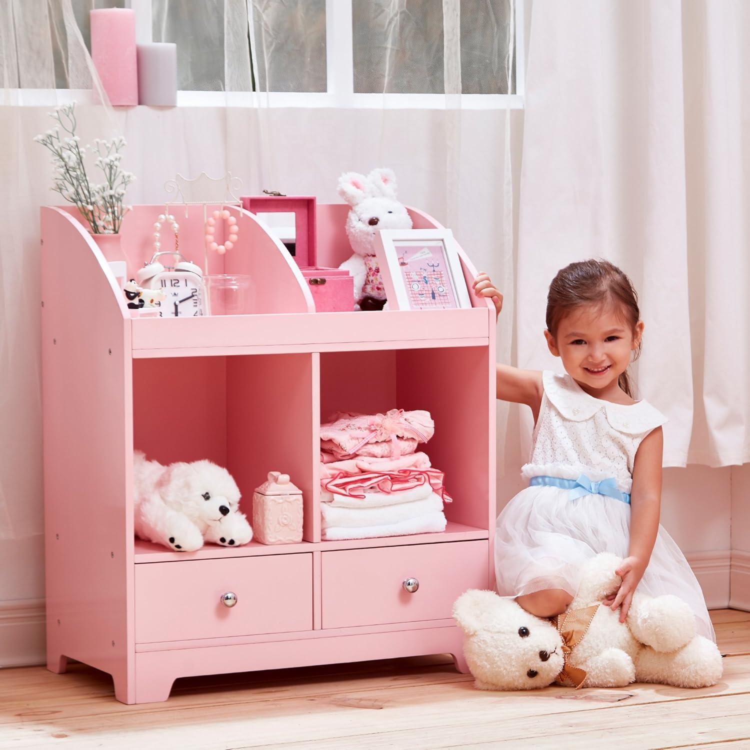 Pink Wooden Stackable Kids Storage Cubby with Drawers