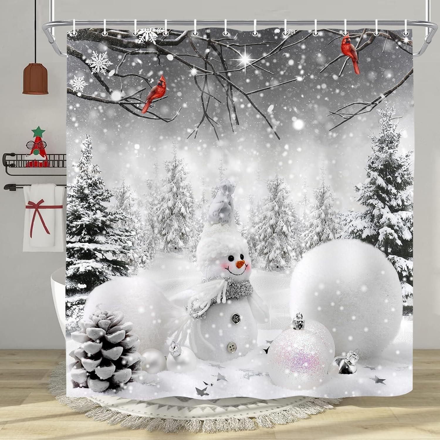 Farmhouse Winter Christmas Shower Curtain, Cute Snowman Snow Forest Pine Tree Scene Shower Curtain For Bathroom Rustic Xmas Snowflake Holiday Gray Bathroom Accessories Polyester 72"X72" With Hooks