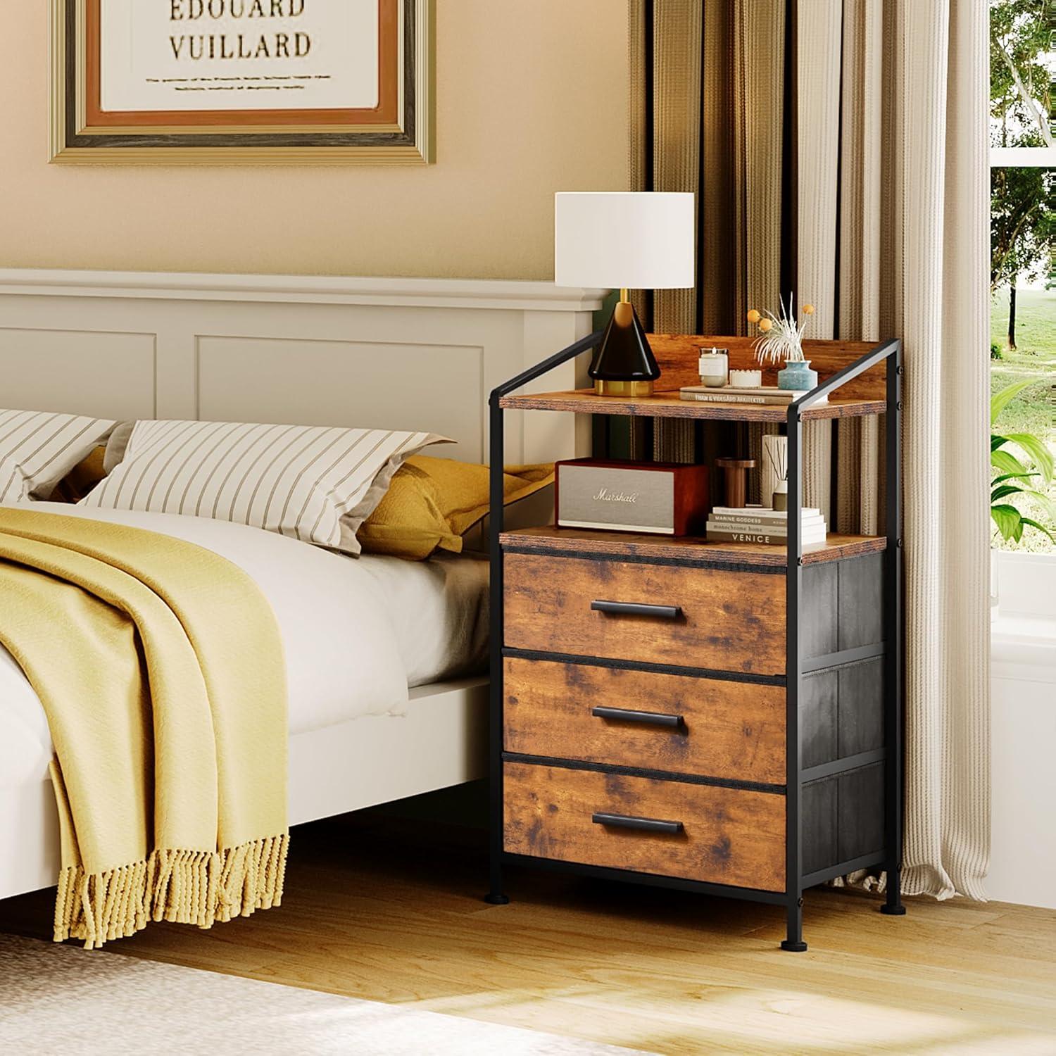 Nightstand Drawer Dresser, Vertical Side Table with Fabric Drawers 3-drawer