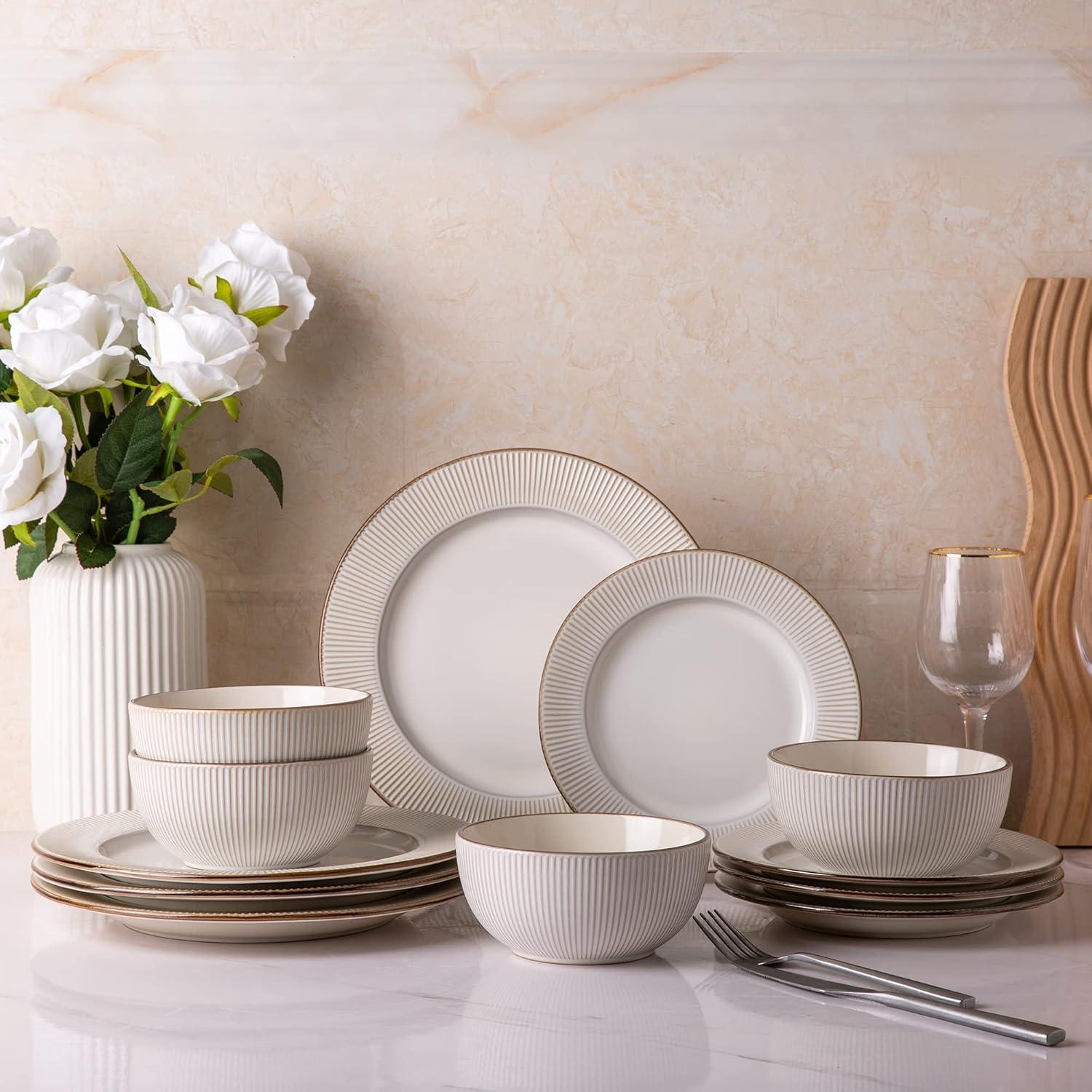 White Ceramic Embossed Dinnerware Set Service for 4