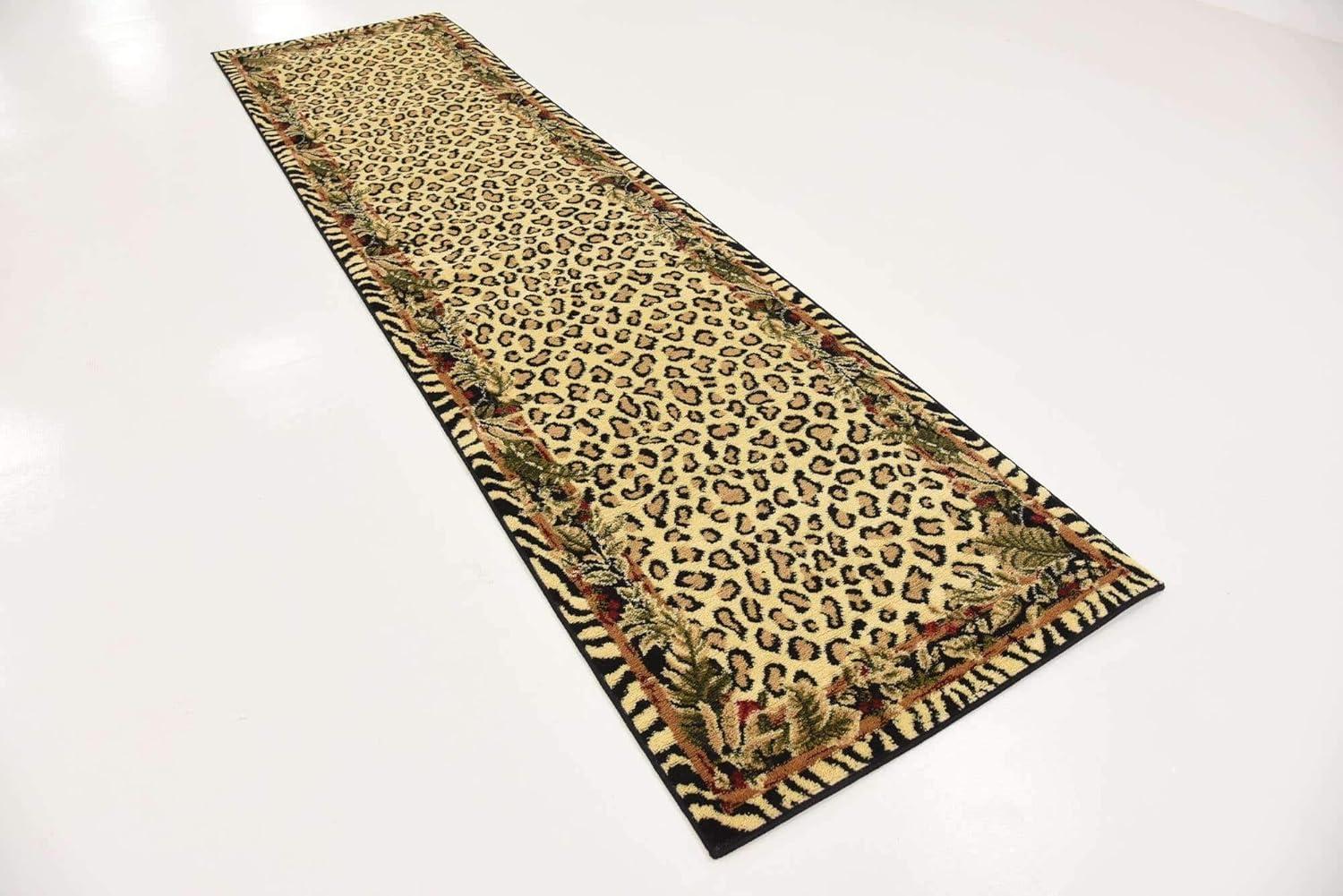 Ivory and Black Leopard Print Runner Rug with Botanical Border